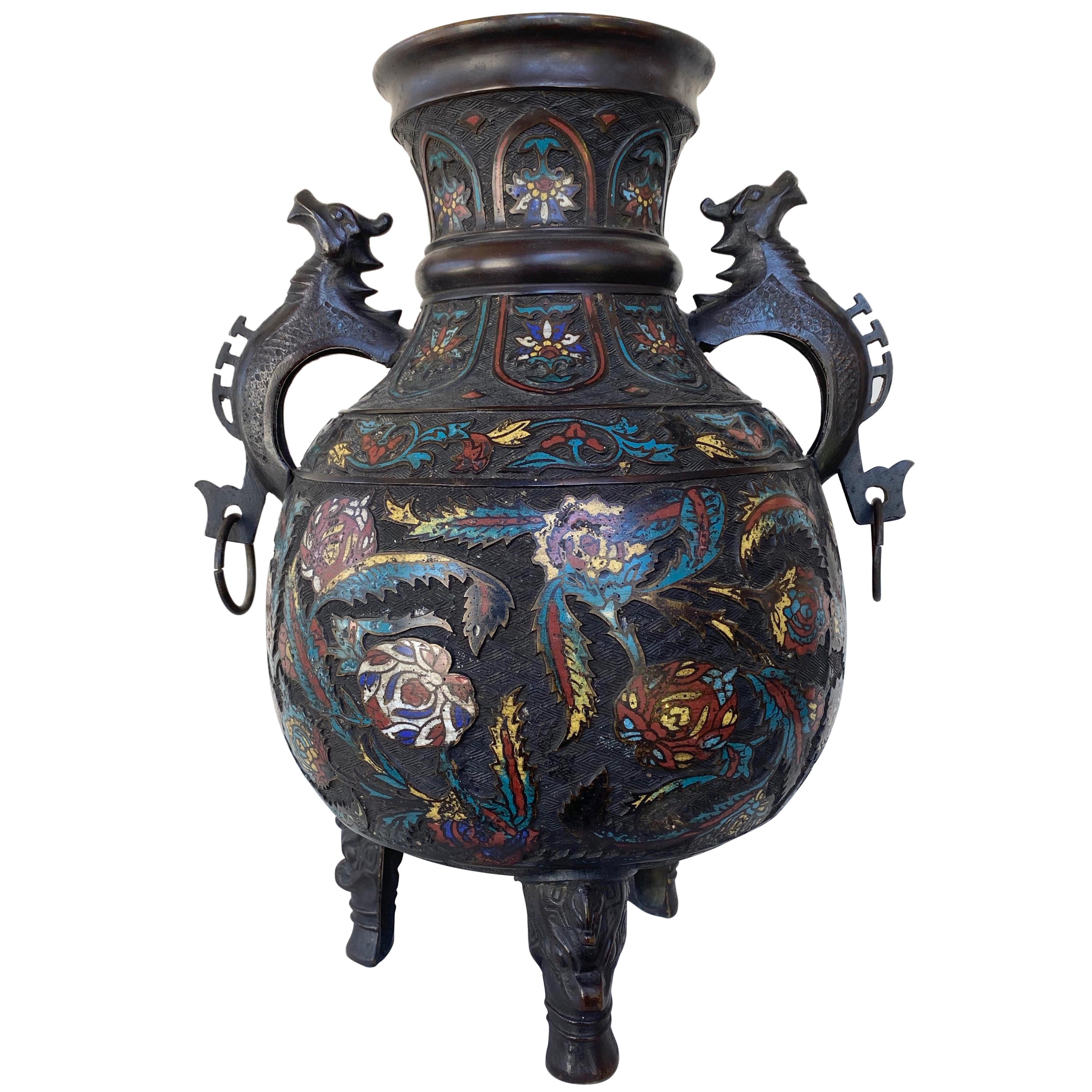 Large Chinese Qing Dynasty Bronze Cloisonné Urn with Dragon Handles, 19th C.