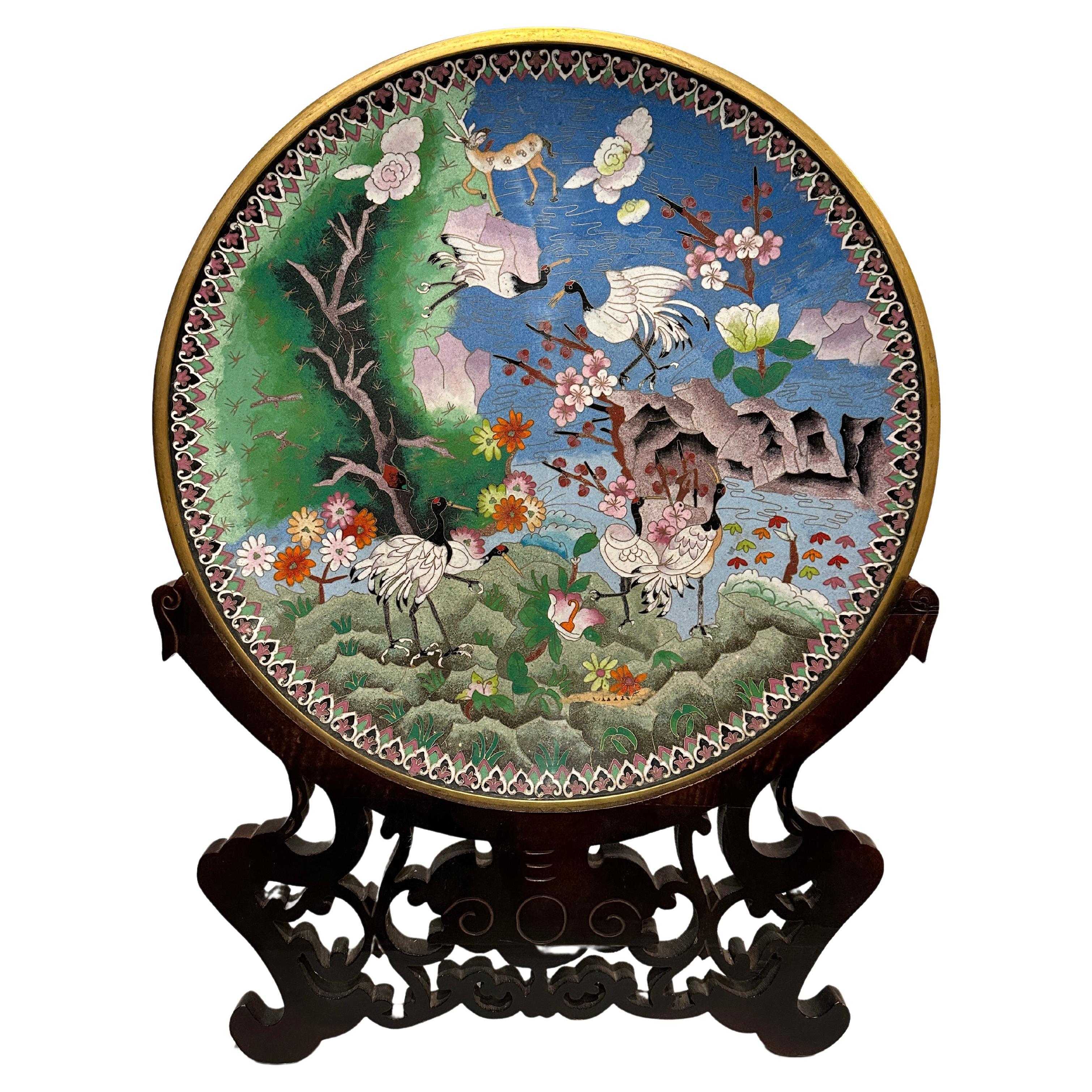 Large Chinese Qing Dynasty Enamel Bronze Cloisonne Charger For Sale