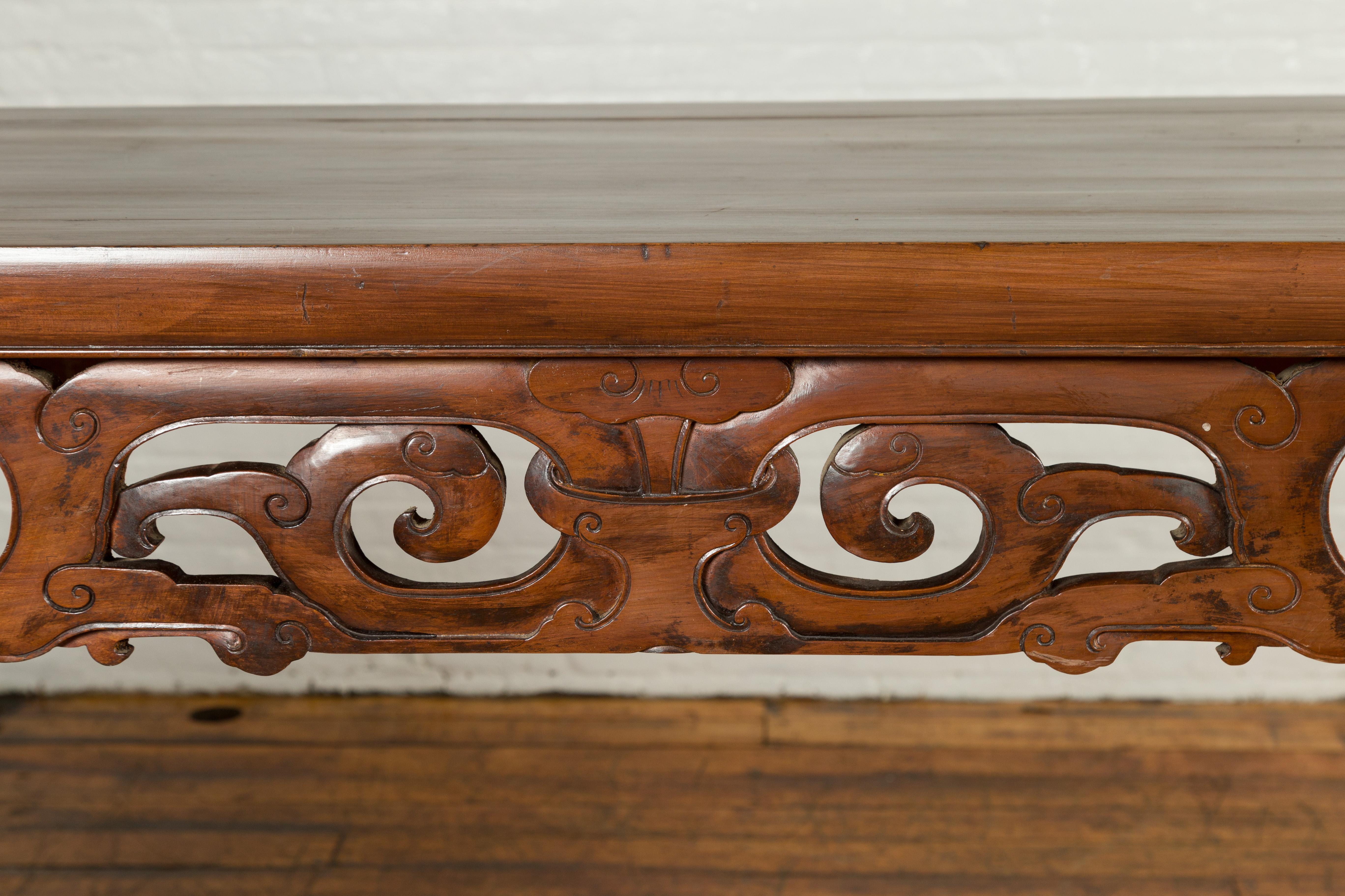 Wood Large Chinese Qing Dynasty Everted Flange Altar Console Table with Carved Apron For Sale