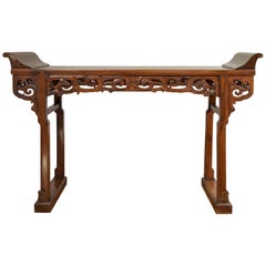Large Chinese Qing Dynasty Everted Flange Altar Console Table with Carved Apron