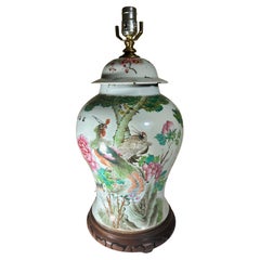 Large Chinese Qing Dynasty Famille Rose Lidded Temple Jar Converted Lamp