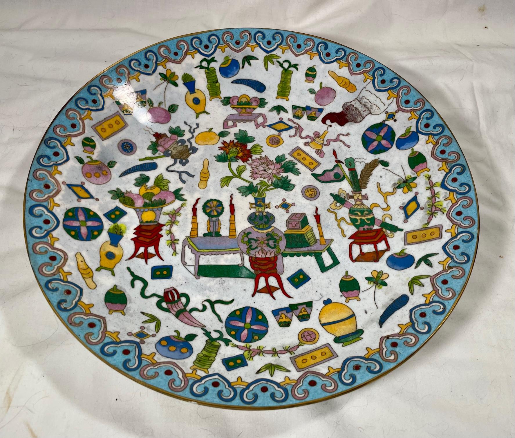 Cloissoné Large Chinese Qing Dynasty Polychrome Enamel Bronze Cloisonne Charger For Sale