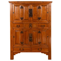 Used Large Chinese Qing Dynasty Style Wooden Cabinet with Paneled Doors and Drawers