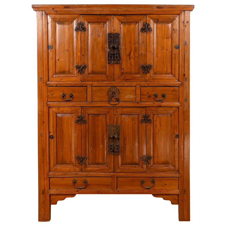 Large Chinese Qing Dynasty Style Wooden Cabinet With Paneled Doors
