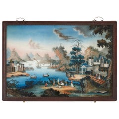 Grande peinture sur verre inversé de la période chinoise Qing pour le marché européen
