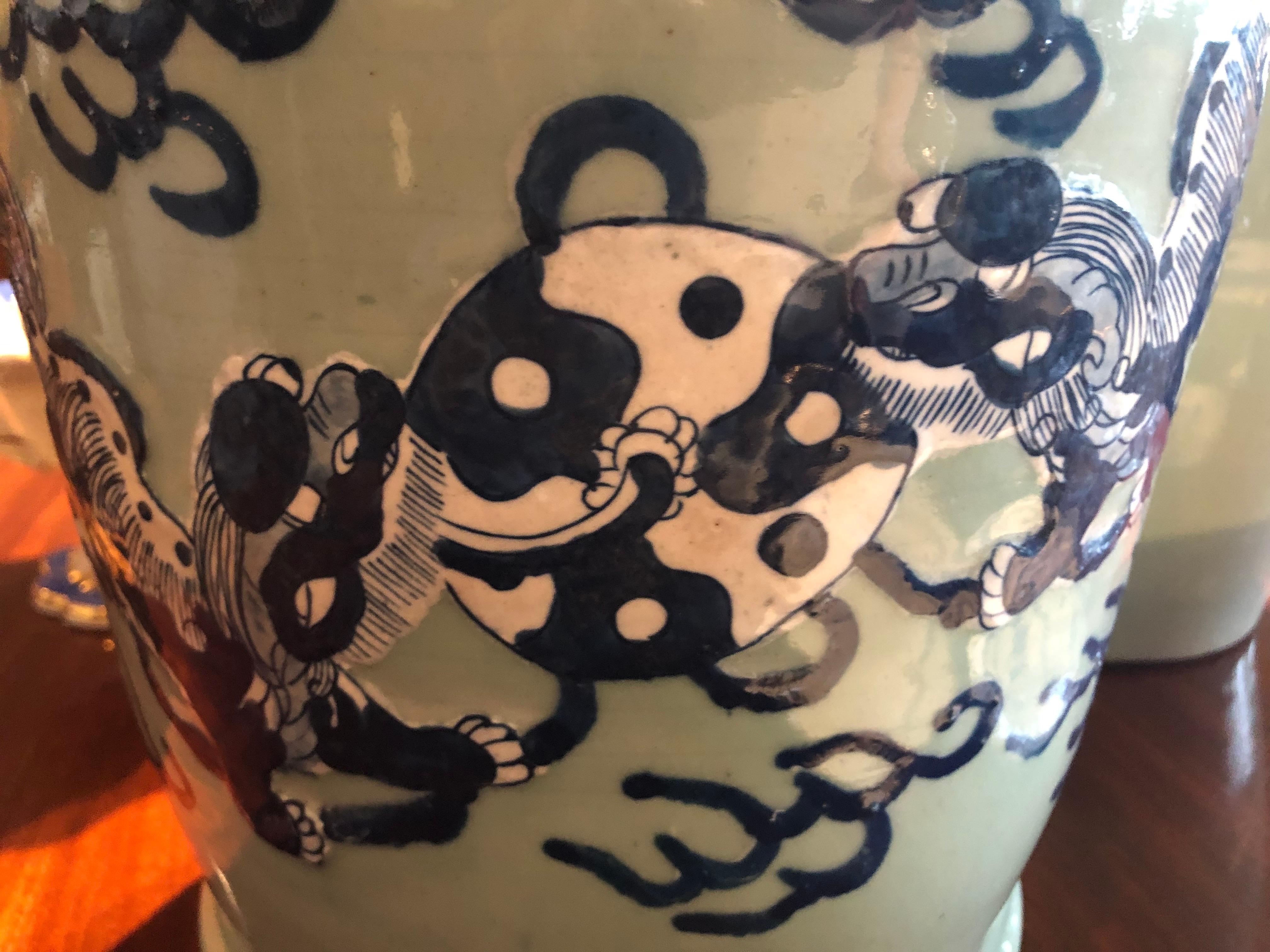 Large Chinese Qing Porcelain Blue & White Vase w/ Foo Dogs Playing w taichi ball 6