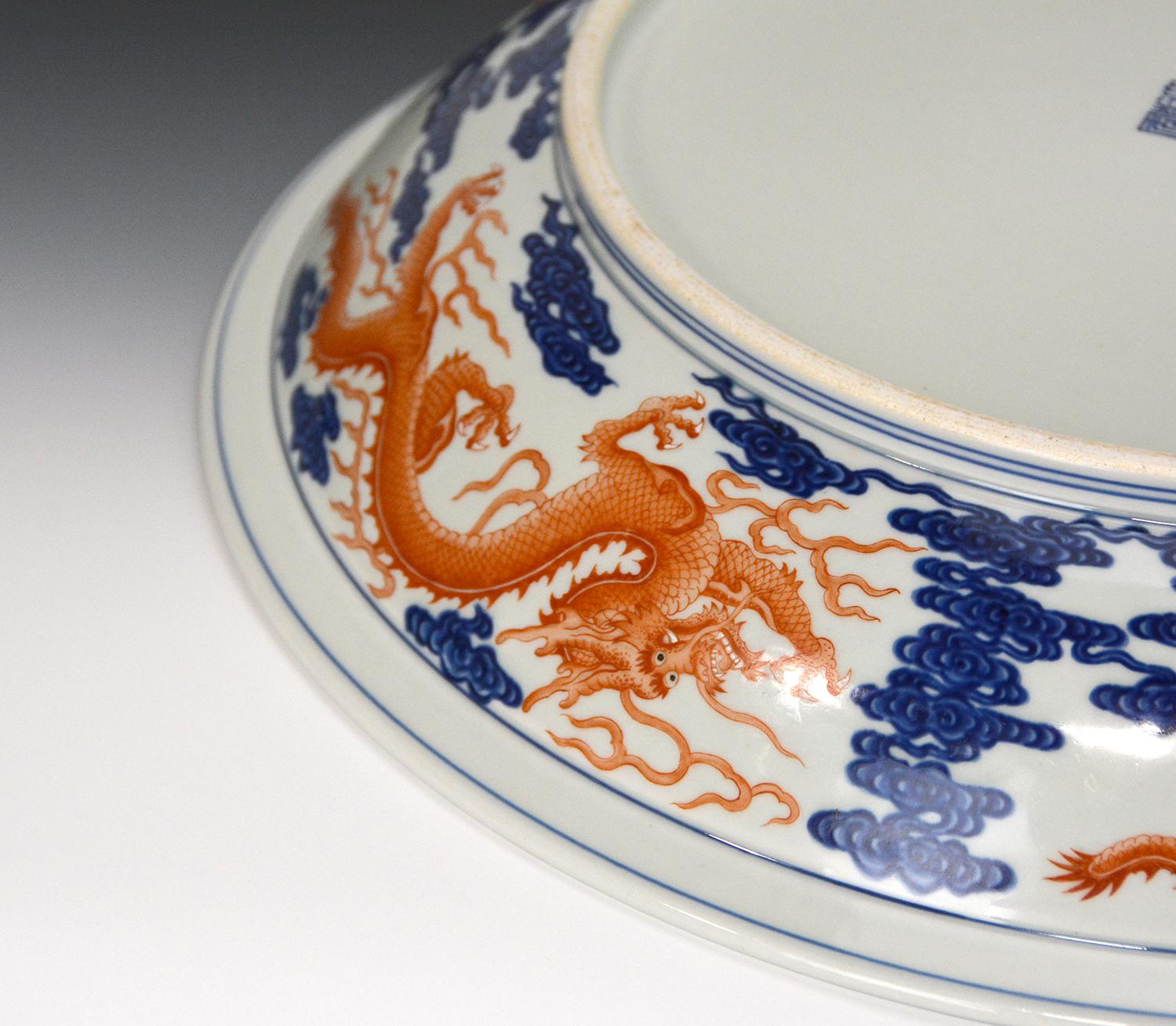 Large Chinese Qing Qianlong Coral Dragon Blue and White Porcelain Charger Plate 6