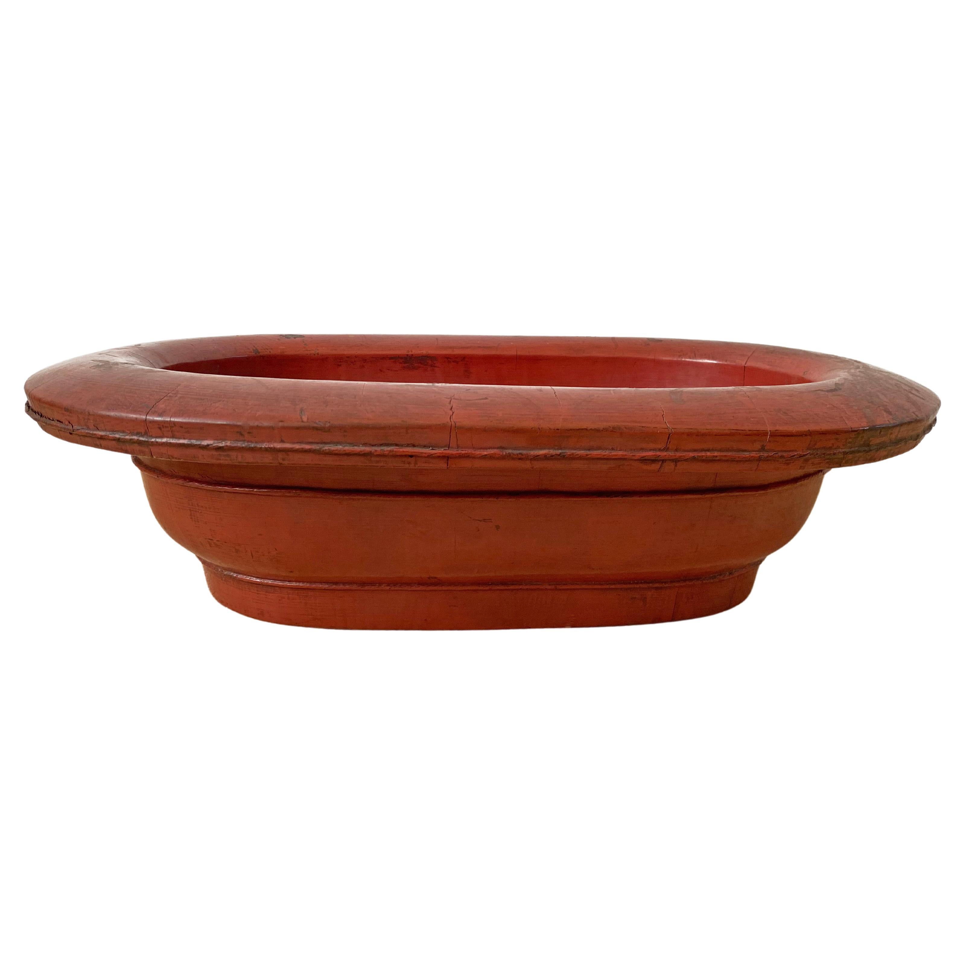 Large Chinese Red Lacquer Wood Bowl, Early 20th Century