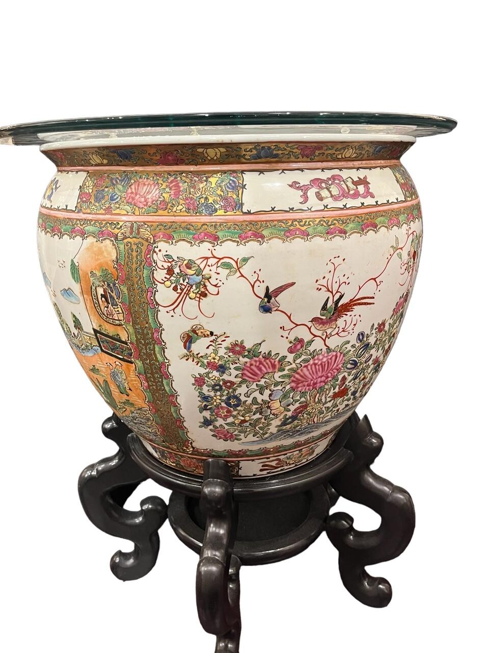 Chinese Export Large Chinese Rose Medallion Fish Pot on Stand