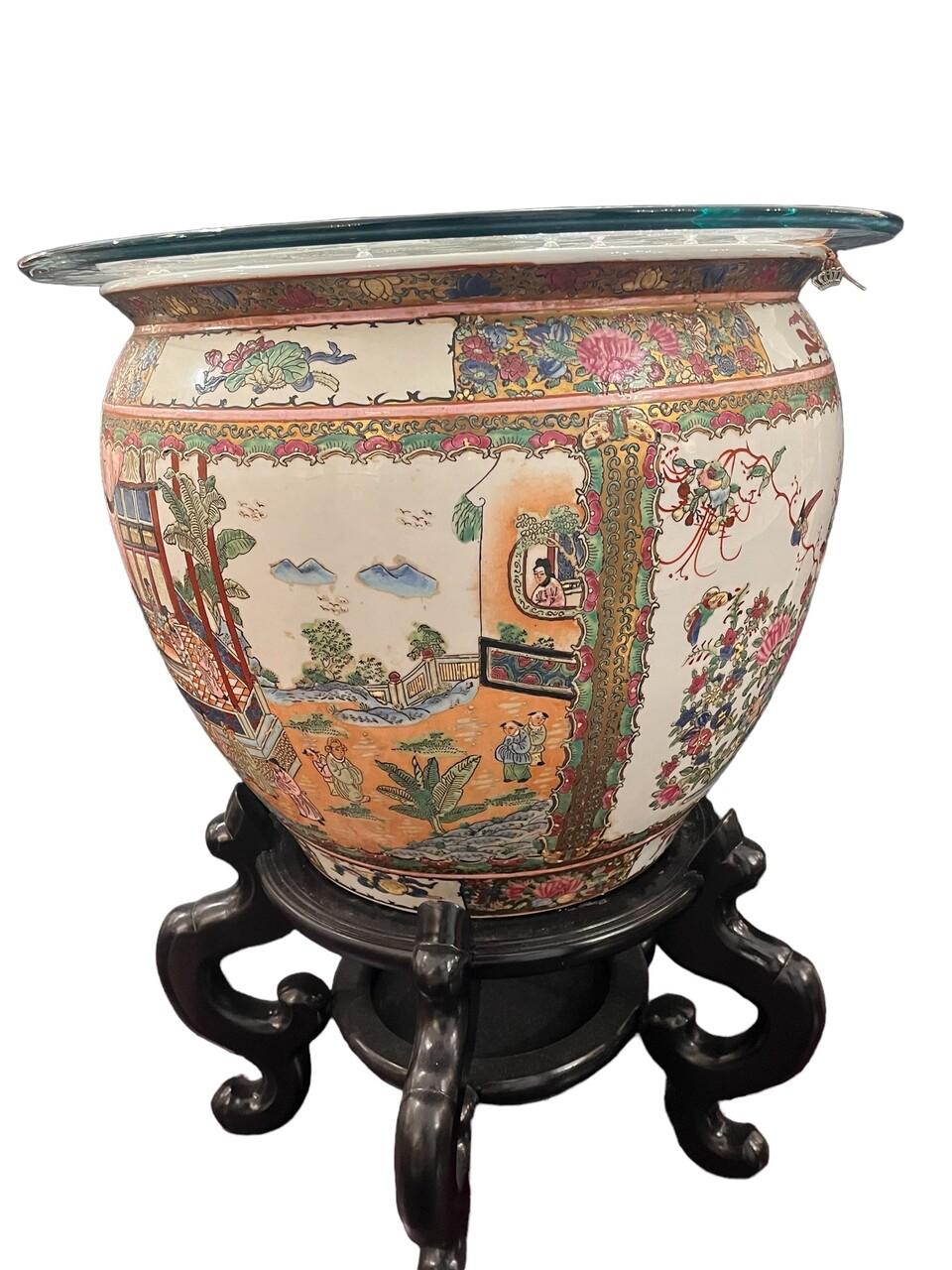 Gilt Large Chinese Rose Medallion Fish Pot on Stand