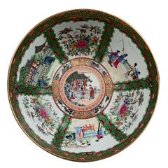 Large Chinese Rose Medallion Hand Enameled and Gilt Porcelain Center Bowl