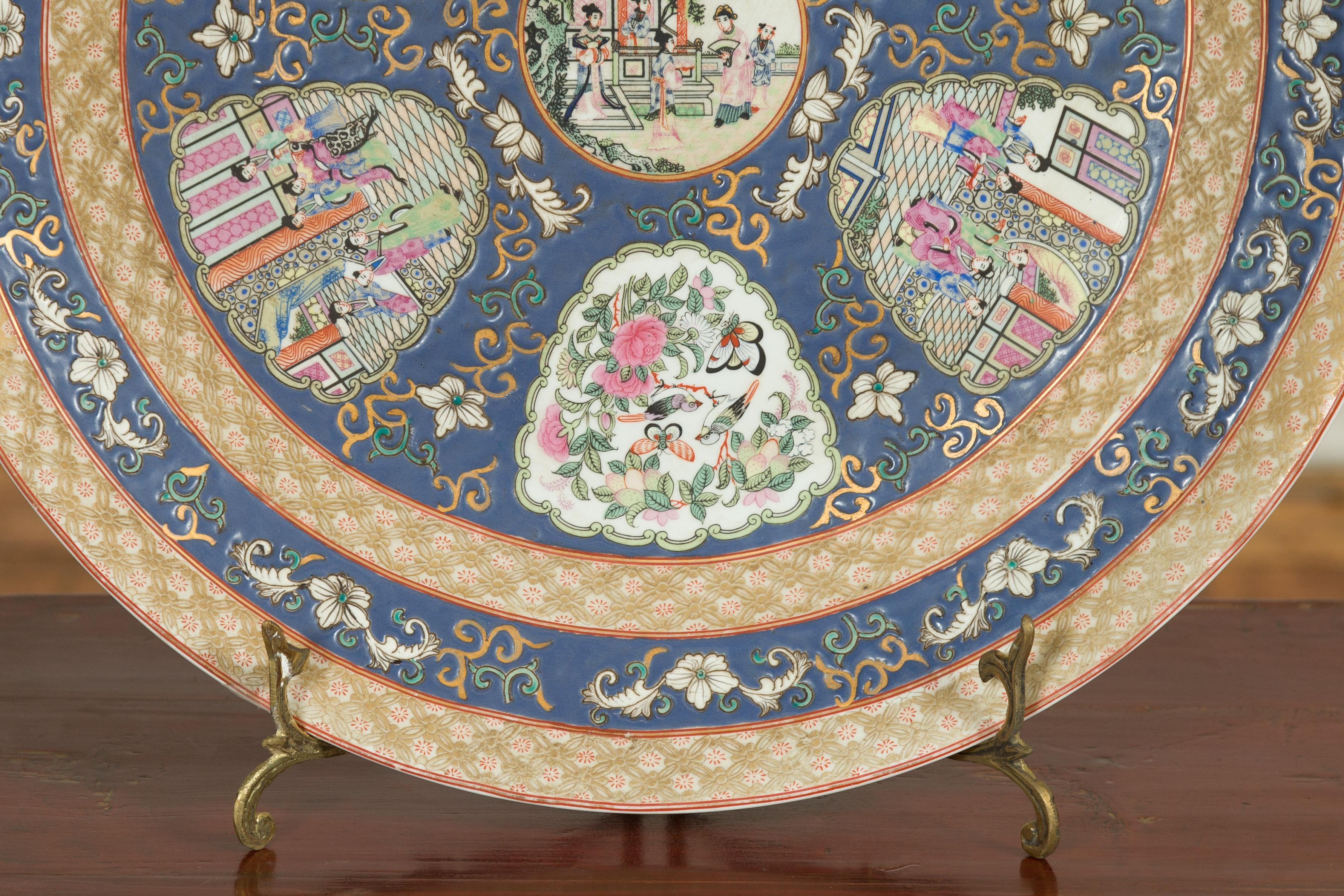 Large Chinese Rose Medallion Hand Painted Porcelain Platter with Court Scenes For Sale 5