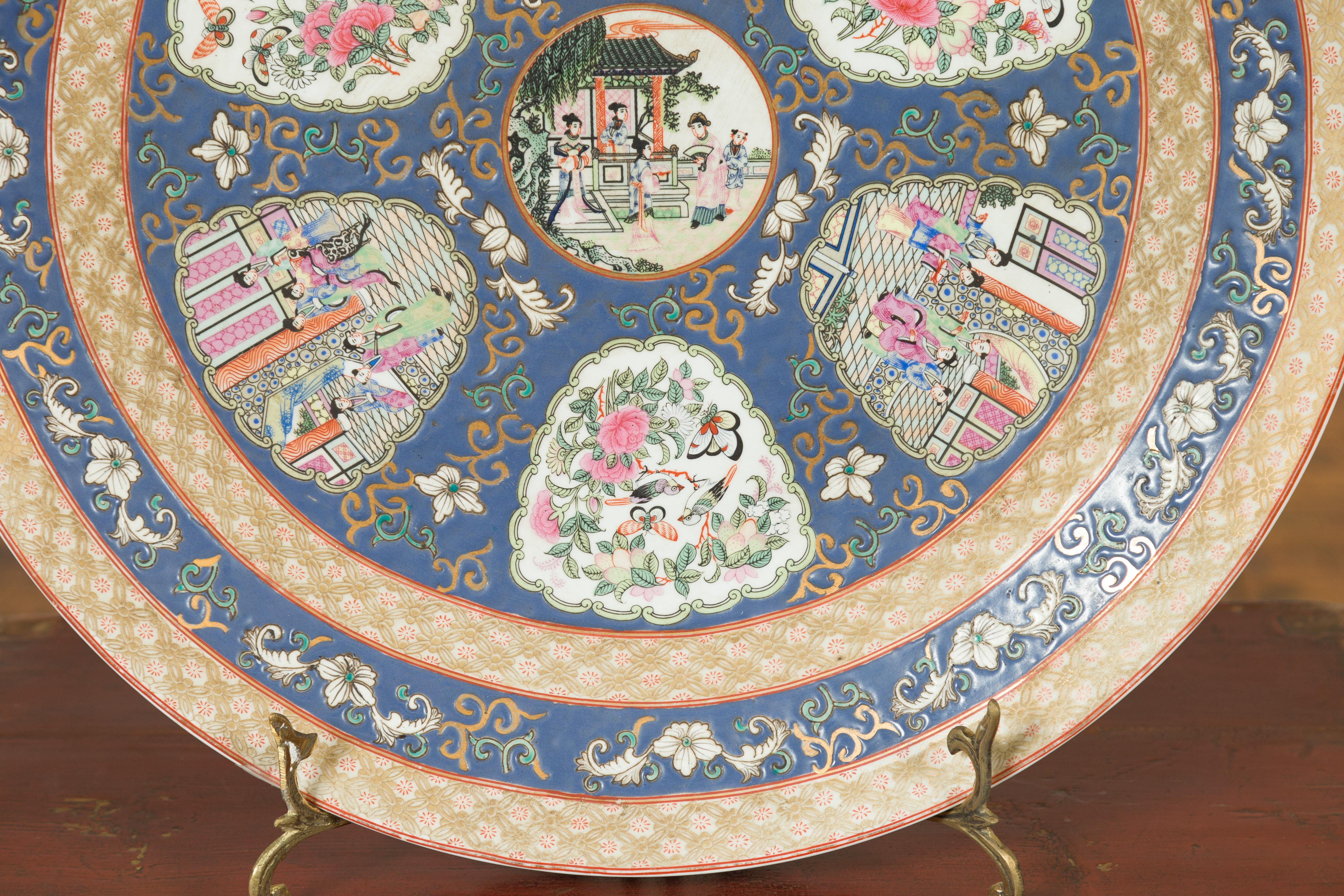 Large Chinese Rose Medallion Hand Painted Porcelain Platter with Court Scenes For Sale 2