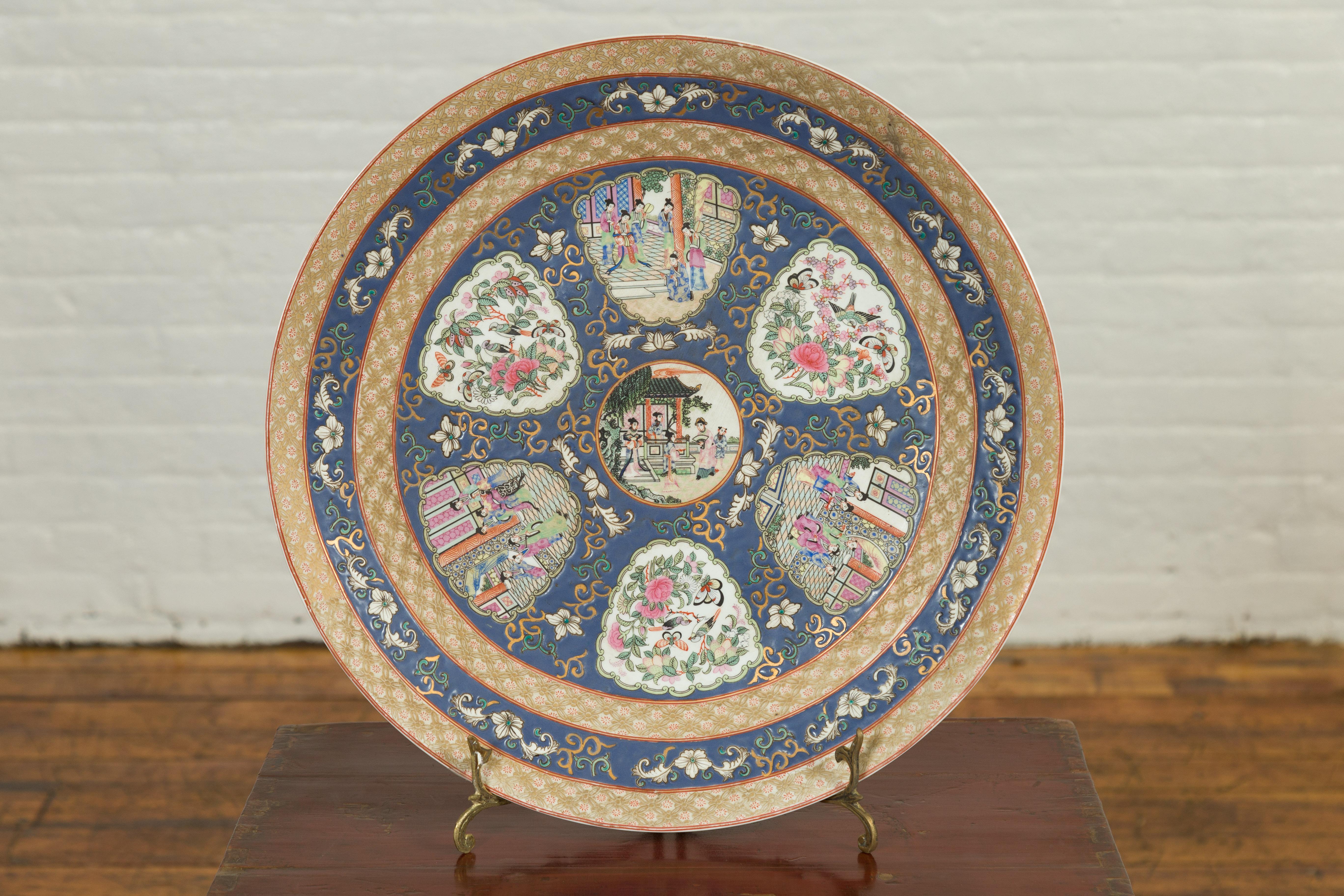 Large Chinese Rose Medallion Hand Painted Porcelain Platter with Court Scenes For Sale 4