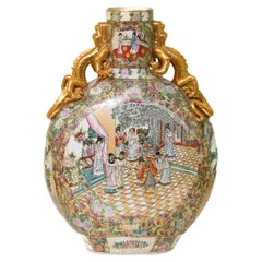 Large Chinese Rose Medallion Pilgrim Vase with Gilt-Dragon Handles