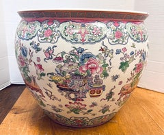 Large Chinese Rose Medallion Porcelain Fish Bowl Planter Chinoiserie