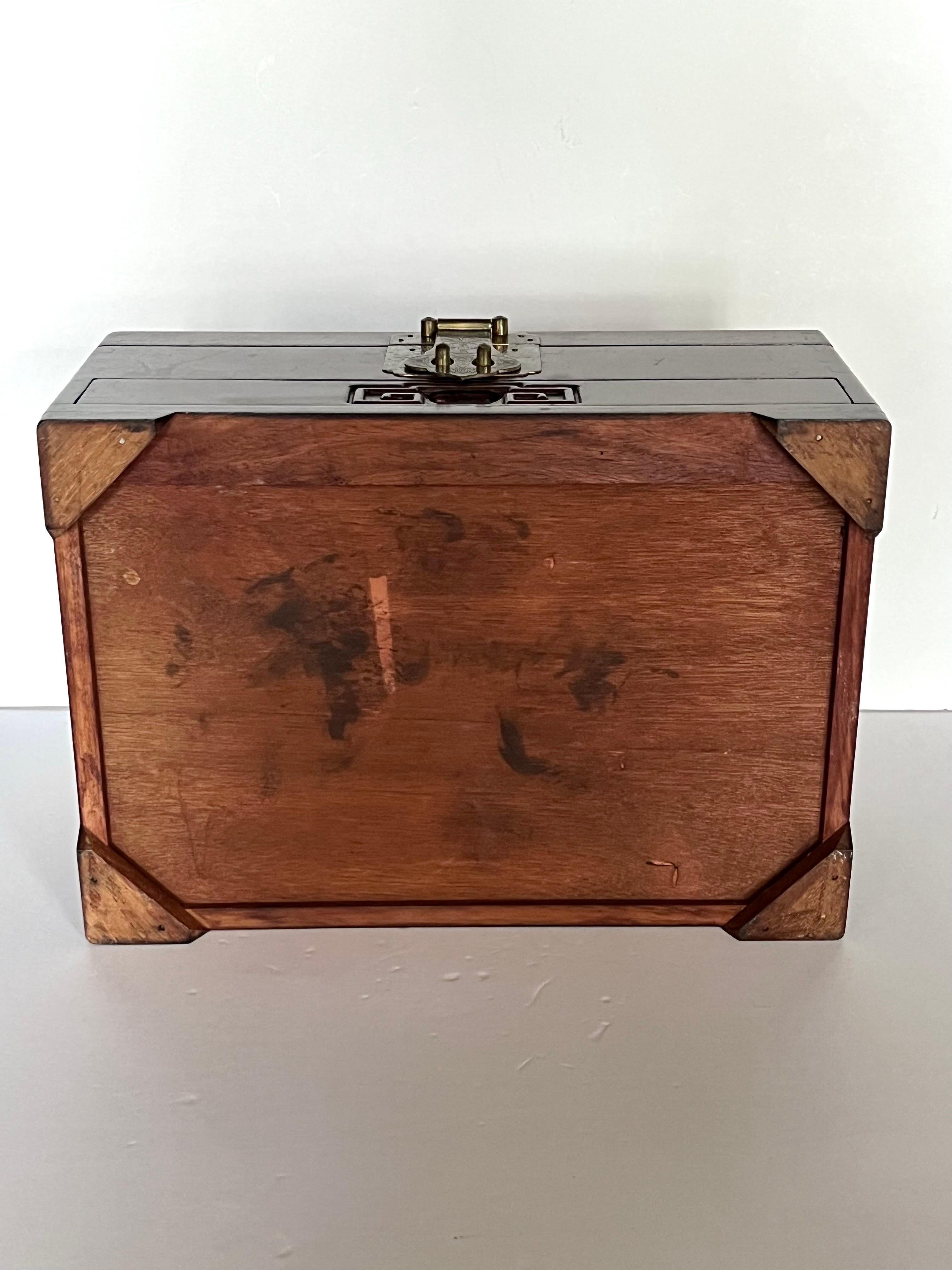 Large Chinese Rosewood Jewelry Box with Ornate Solid Brass Fittings In Good Condition For Sale In Fort Washington, MD