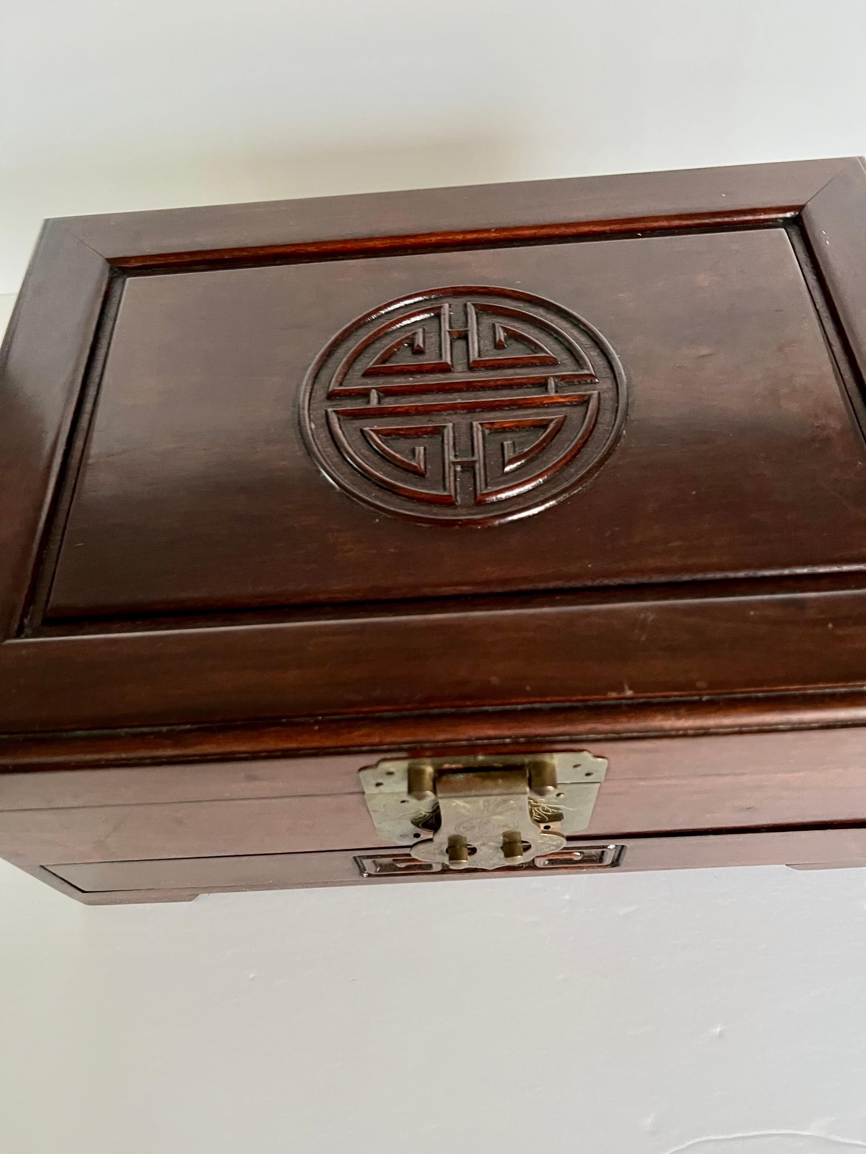 20th Century Large Chinese Rosewood Jewelry Box with Ornate Solid Brass Fittings For Sale