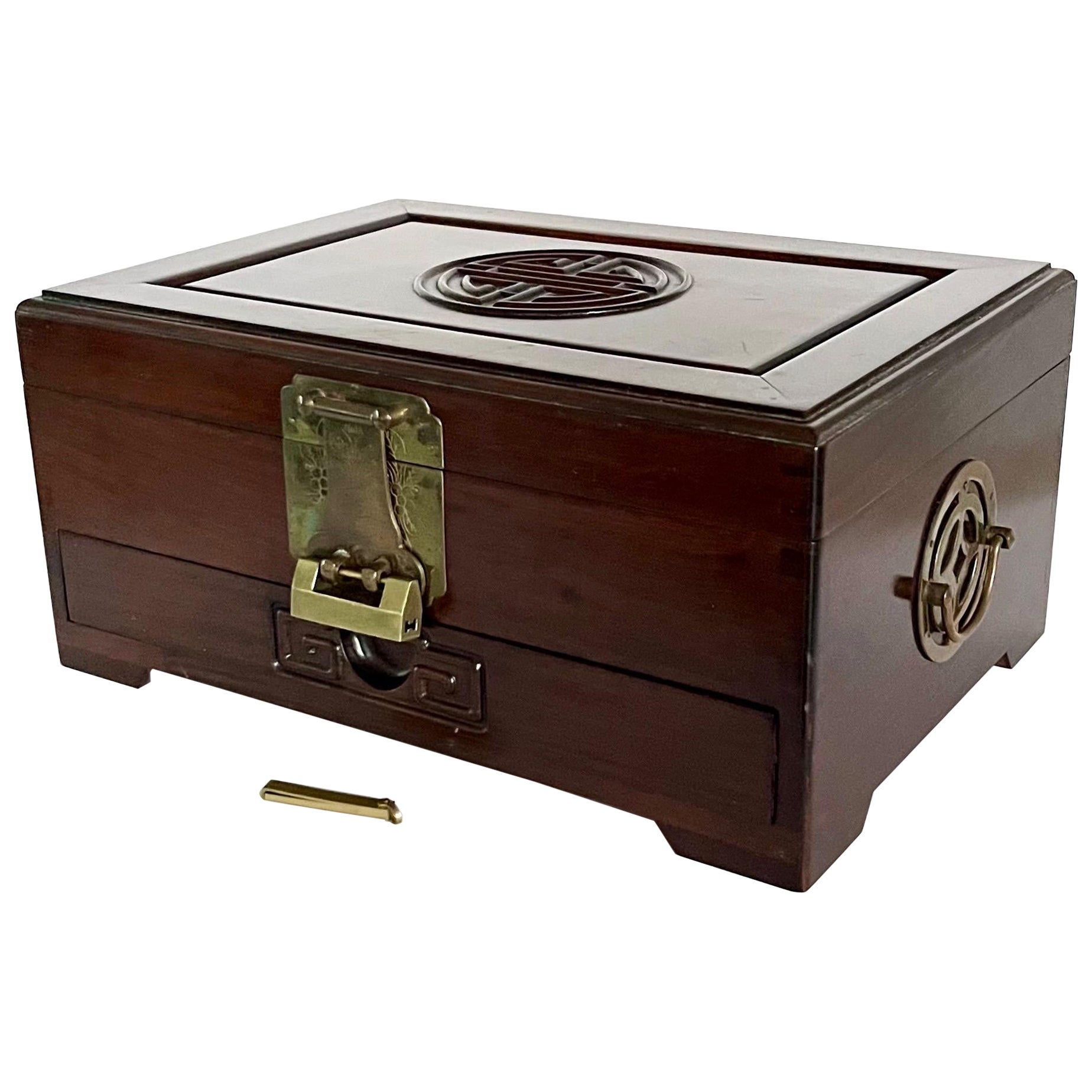Large Chinese Rosewood Jewelry Box with Ornate Solid Brass Fittings