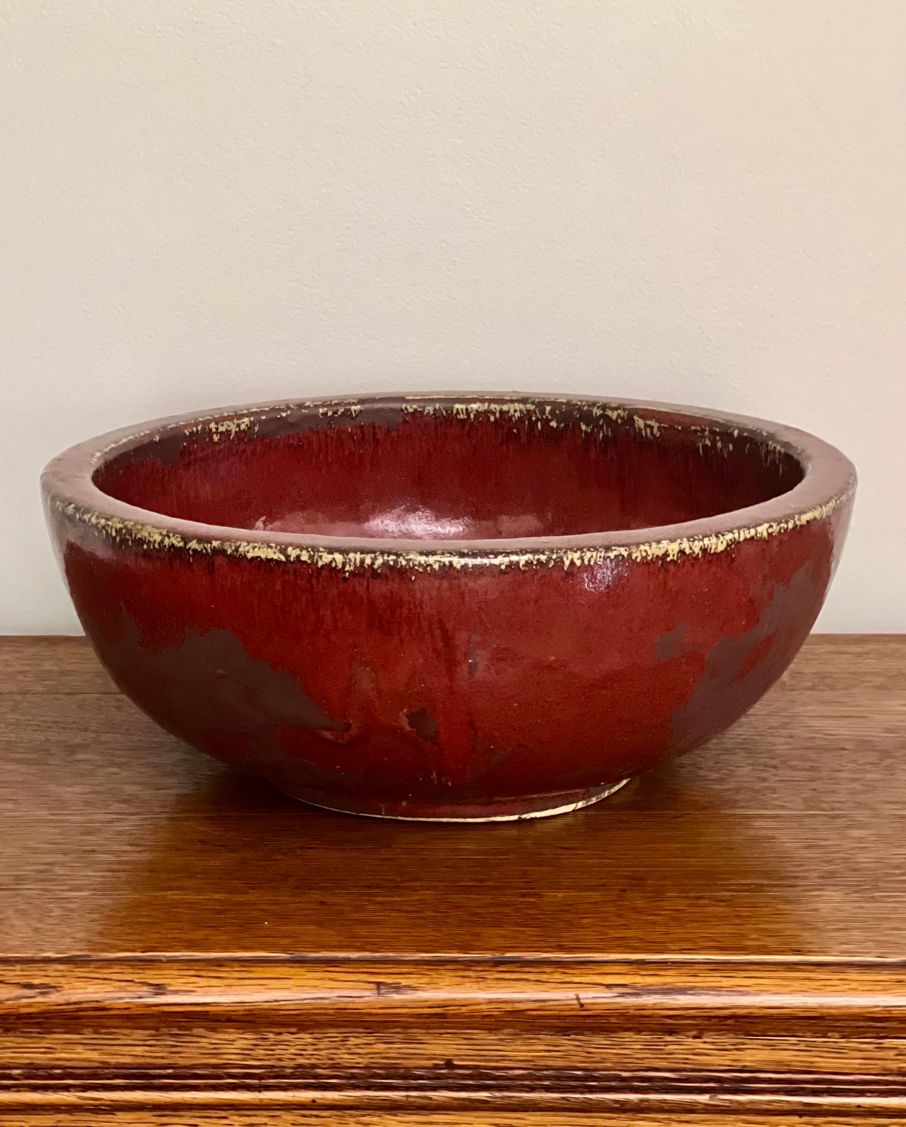 Primitive Large Chinese Sang de Boeuf Bowl, 20th Century, Signed For Sale