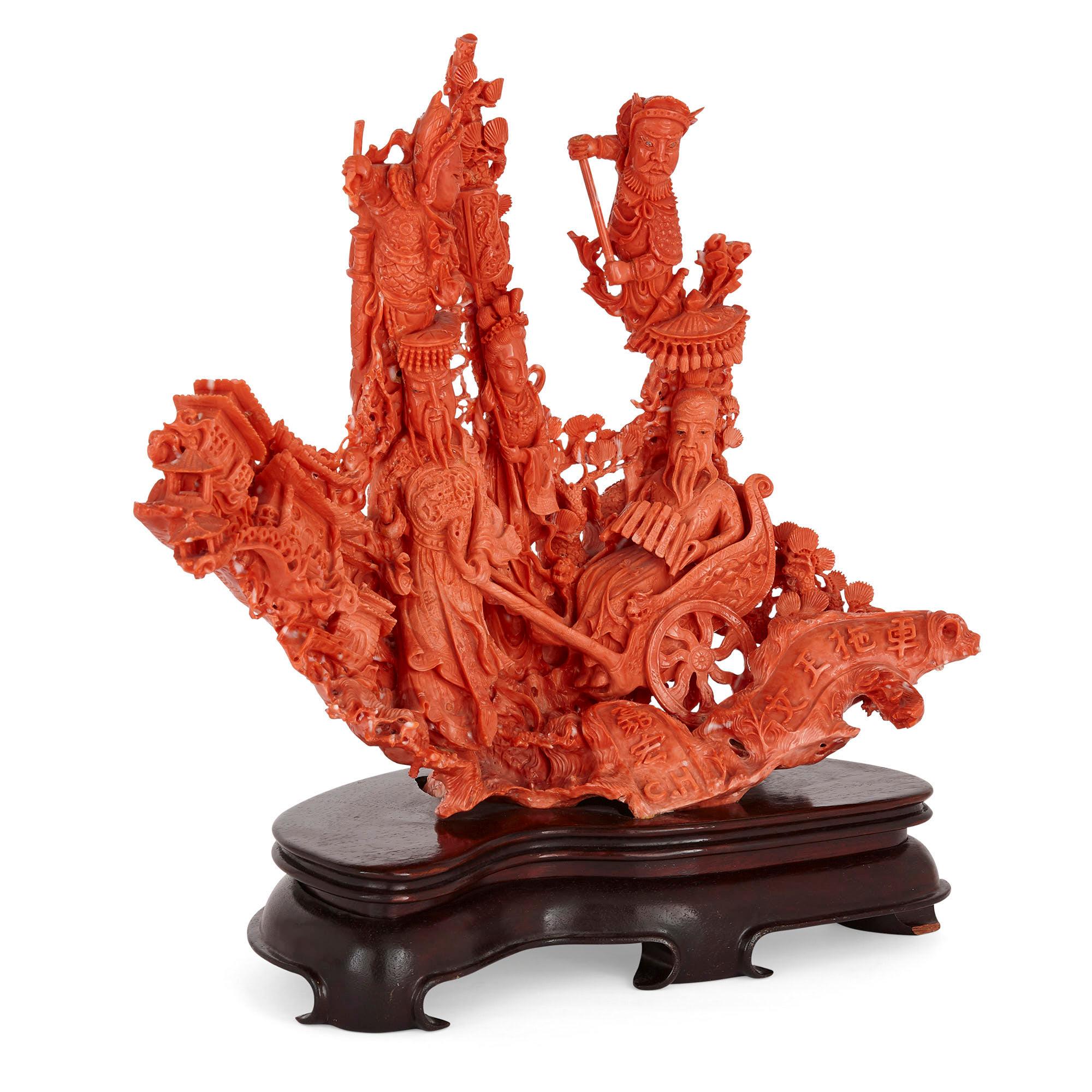 Large Chinese sculpted coral depicting a dignitary and attendants
Chinese, early 20th Century
Measures: Height 38cm, width 40cm, depth 20cm

Taking beautiful natural red coral as a medium, this magnificent piece of Chinese sculpture is a
