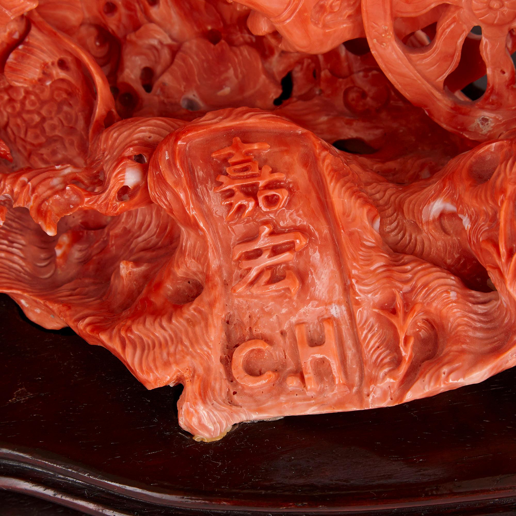 Carved Large Chinese Sculpted Coral Depicting a Dignitary and Attendants For Sale