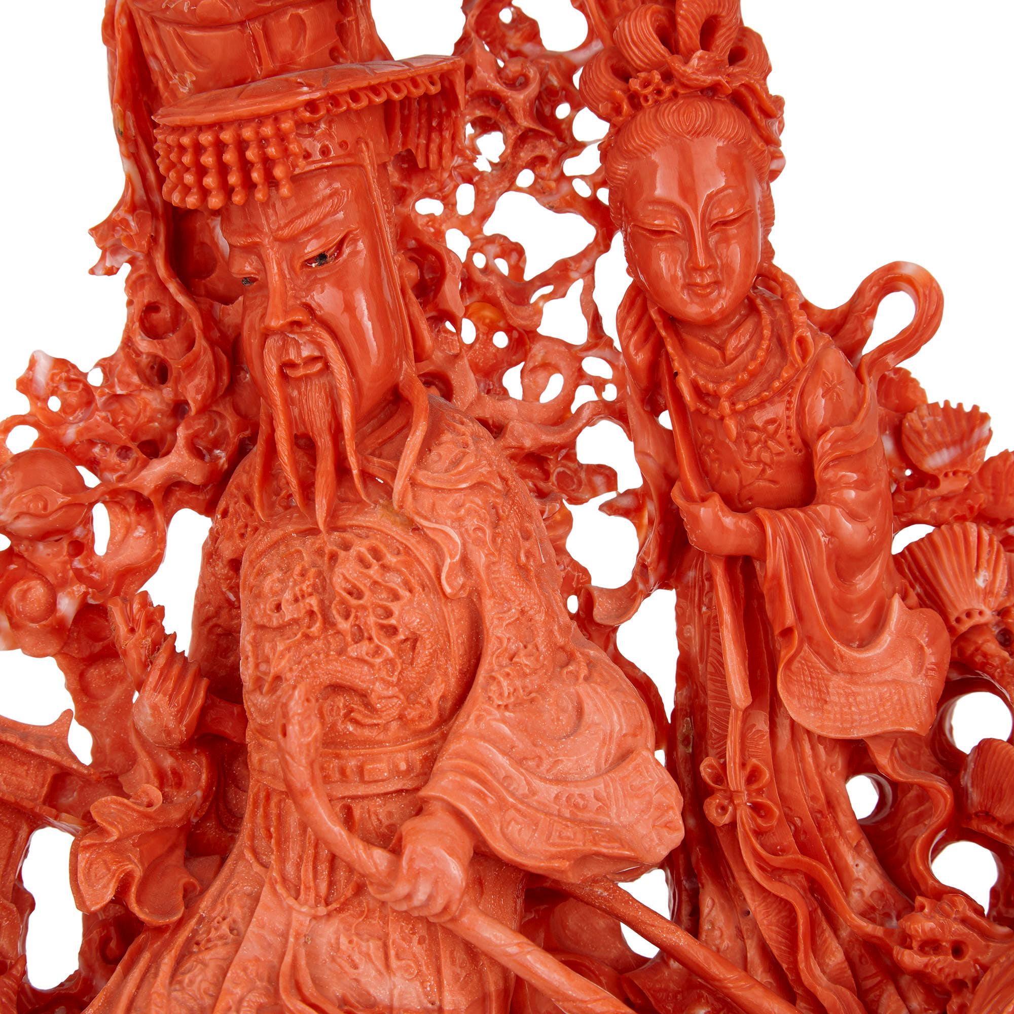 Large Chinese Sculpted Coral Depicting a Dignitary and Attendants For Sale 1