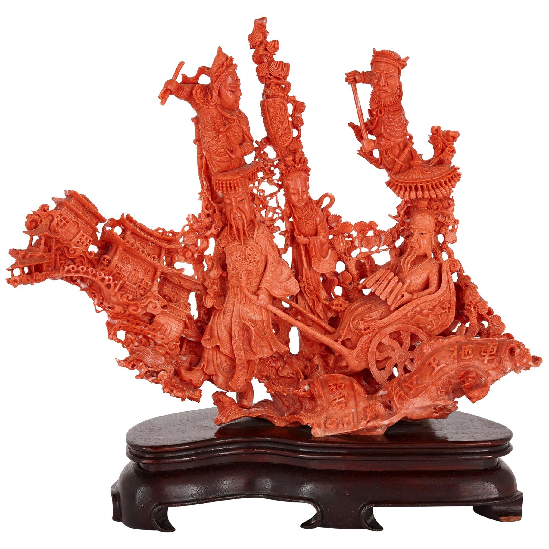 Large Chinese Sculpted Coral Depicting a Dignitary and Attendants