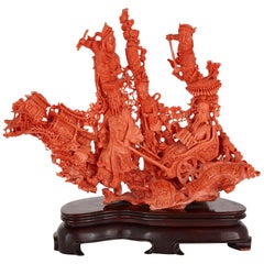 Used Large Chinese Sculpted Coral Depicting a Dignitary and Attendants