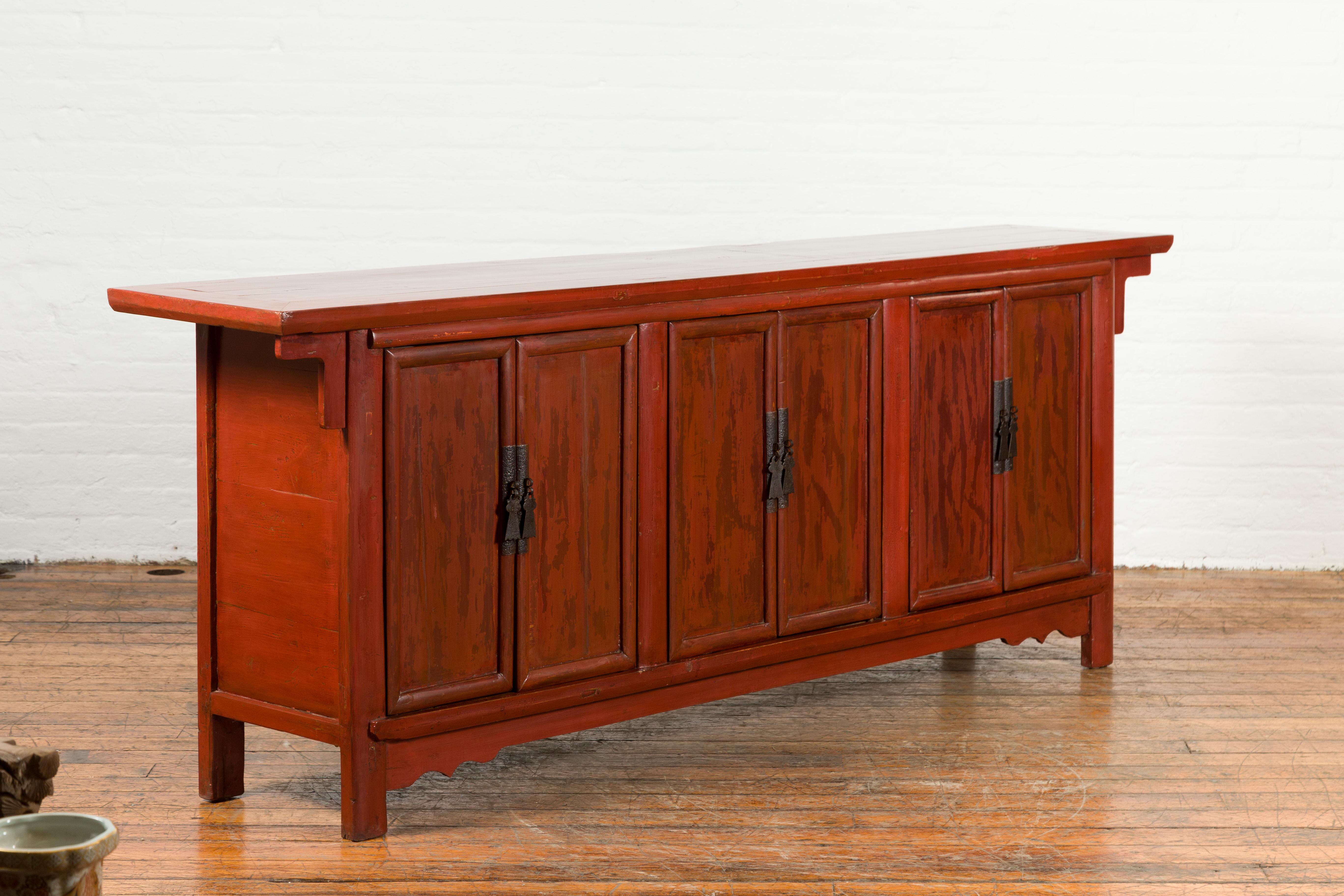 Large Chinese Shanxi Qing Dynasty 19th Century Red Lacquered Elm Sideboard 1