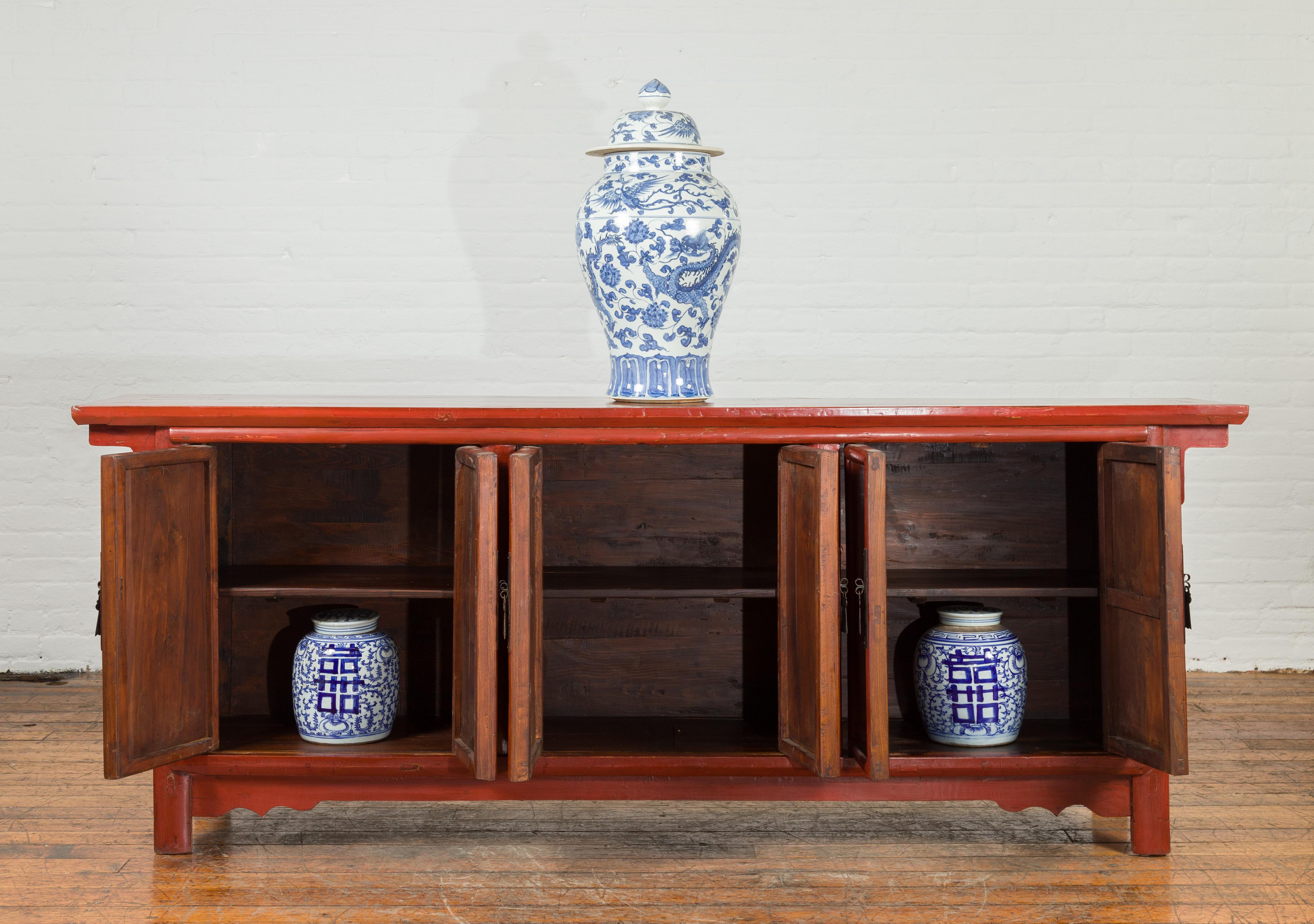 Large Chinese Shanxi Qing Dynasty 19th Century Red Lacquered Elm Sideboard 2