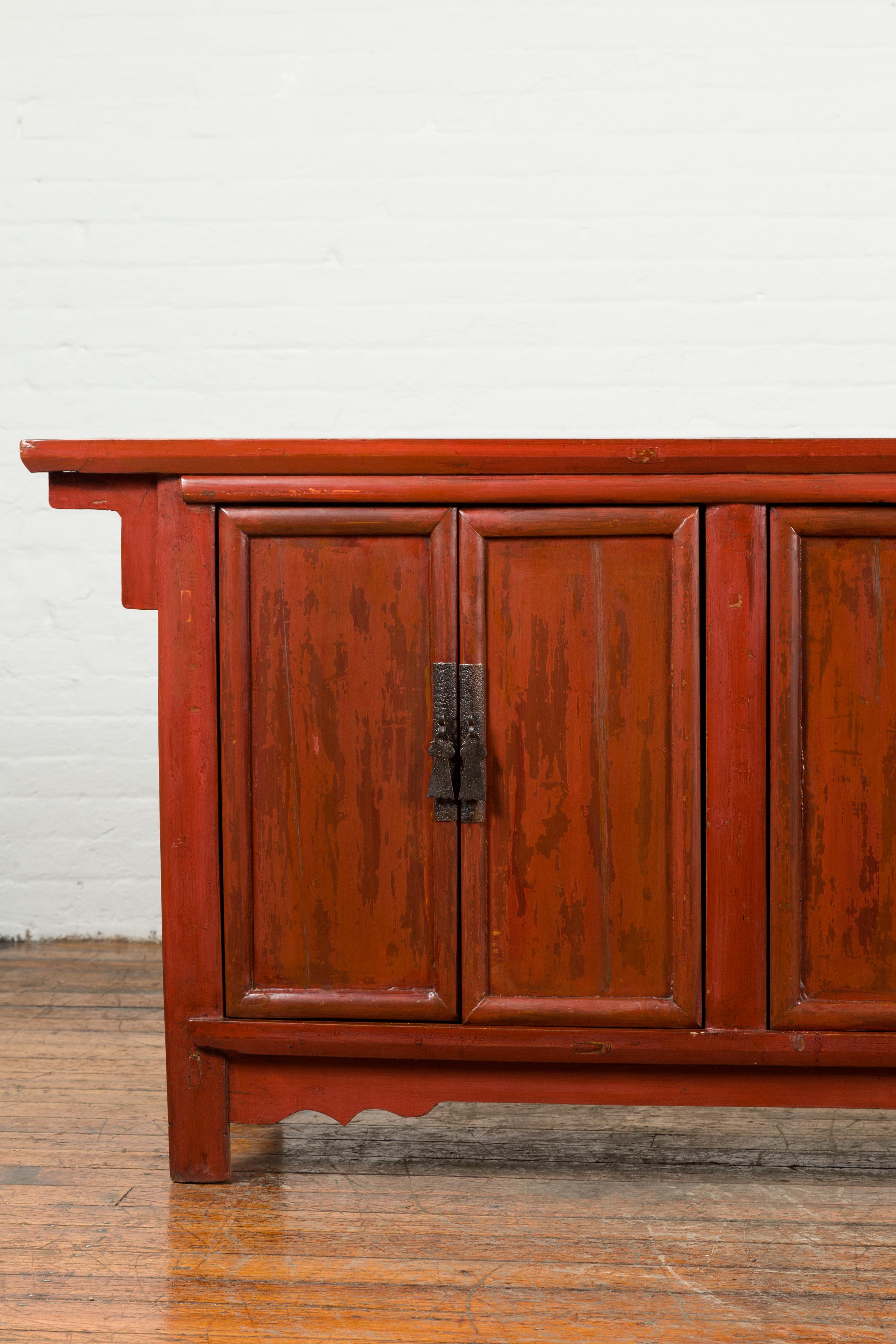 Large Chinese Shanxi Qing Dynasty 19th Century Red Lacquered Elm Sideboard 3