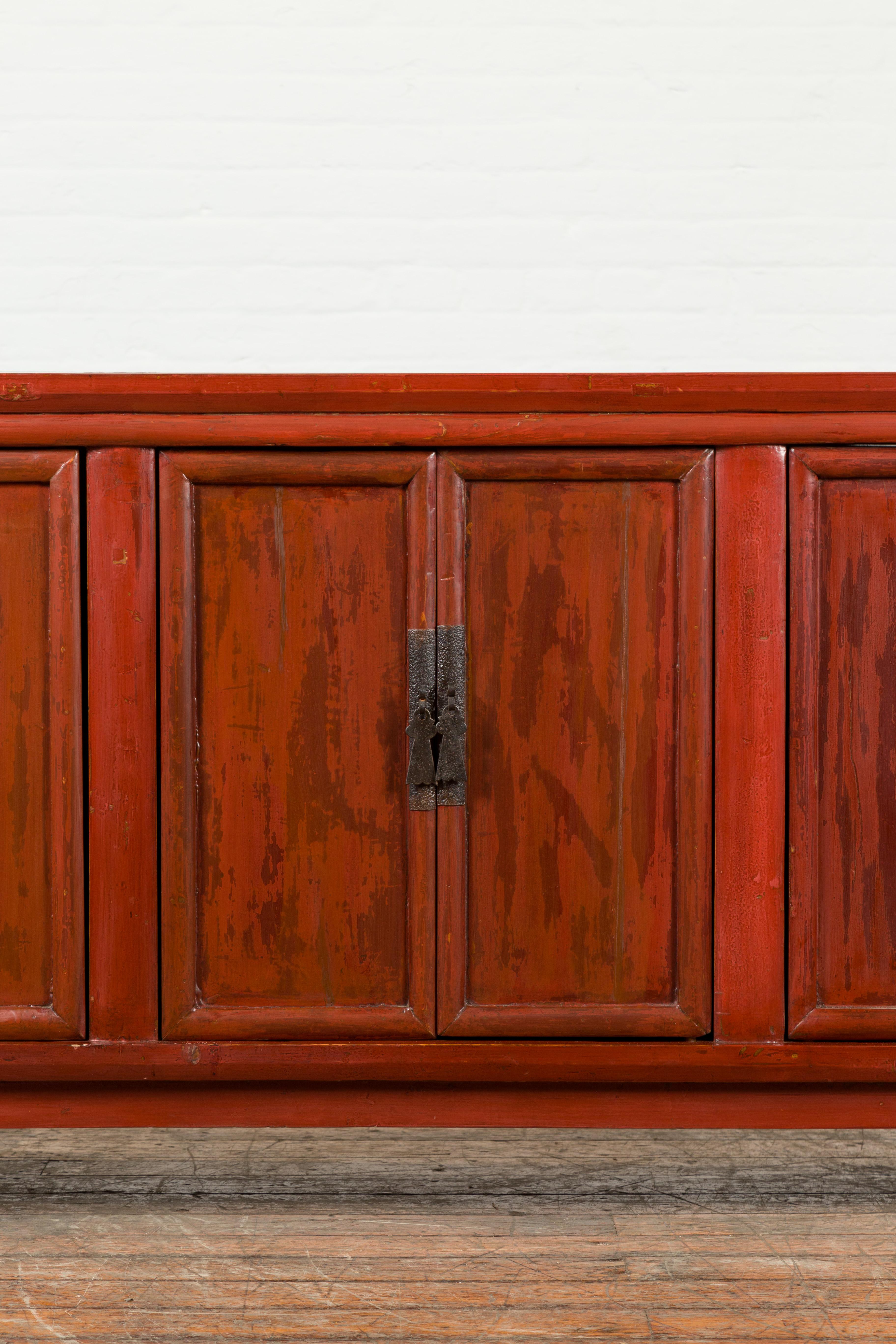 Large Chinese Shanxi Qing Dynasty 19th Century Red Lacquered Elm Sideboard 4
