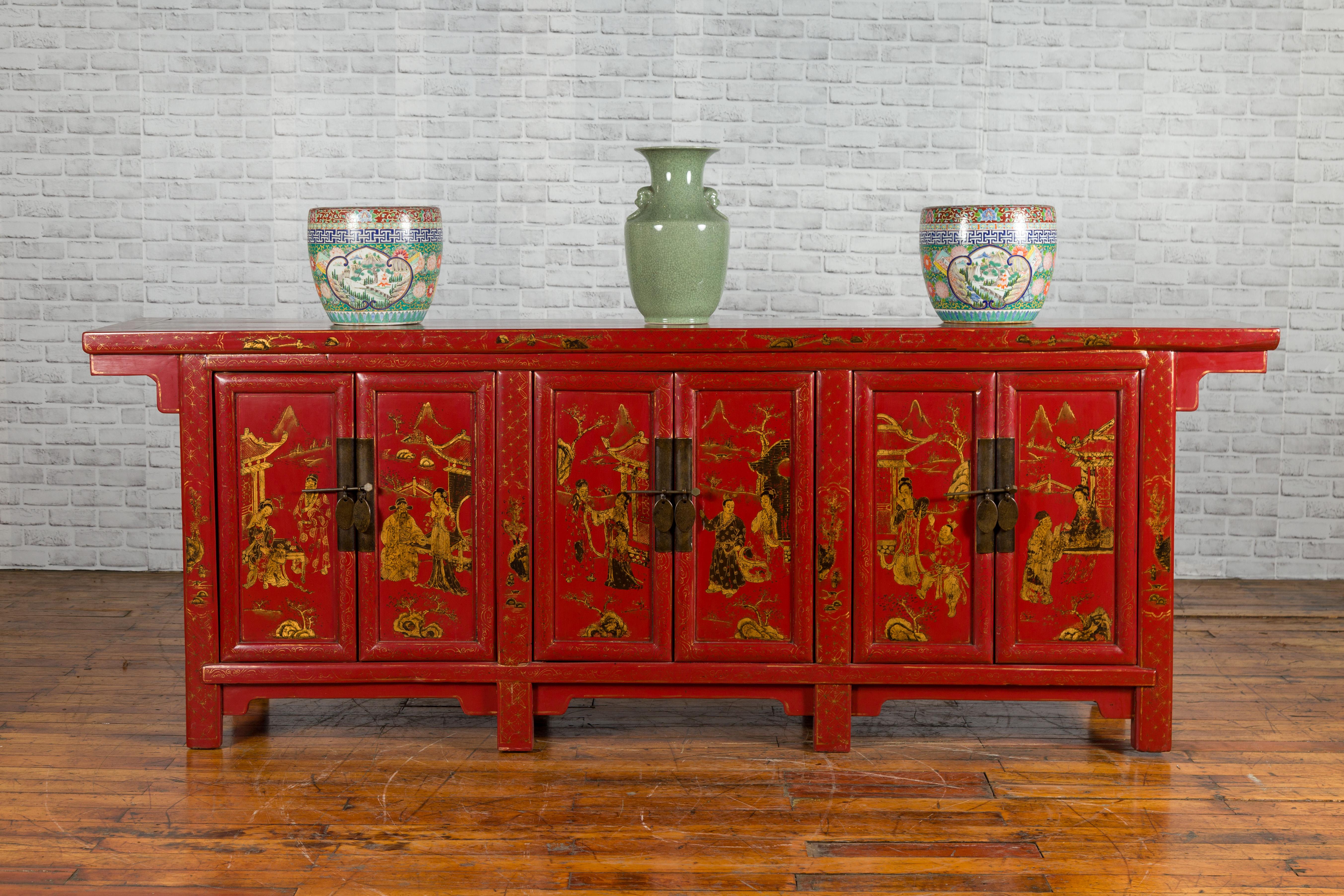 Large Chinese Shanxi Red Lacquered Sideboard with Gilded Chinoiseries Motifs 3