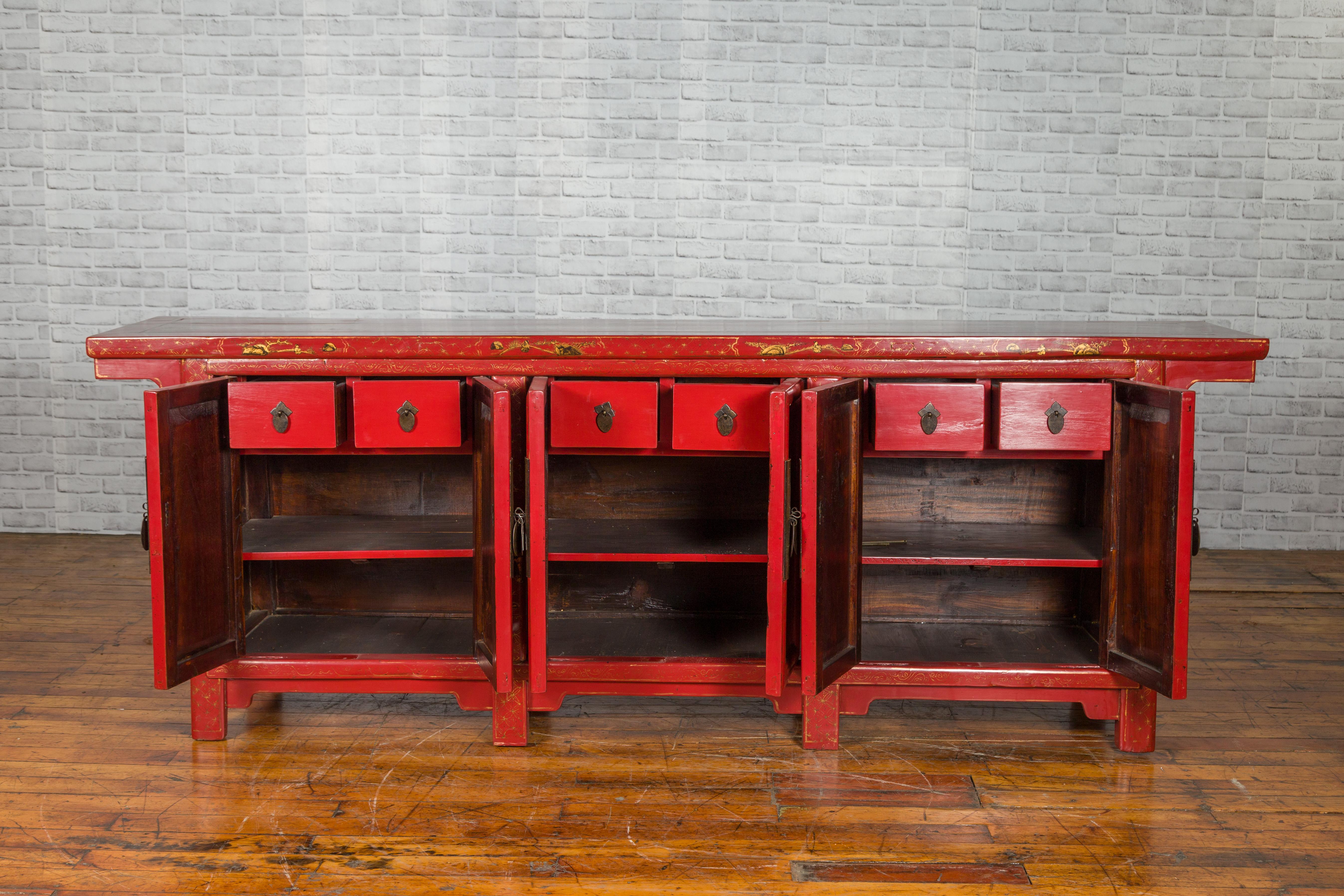 Large Chinese Shanxi Red Lacquered Sideboard with Gilded Chinoiseries Motifs 4