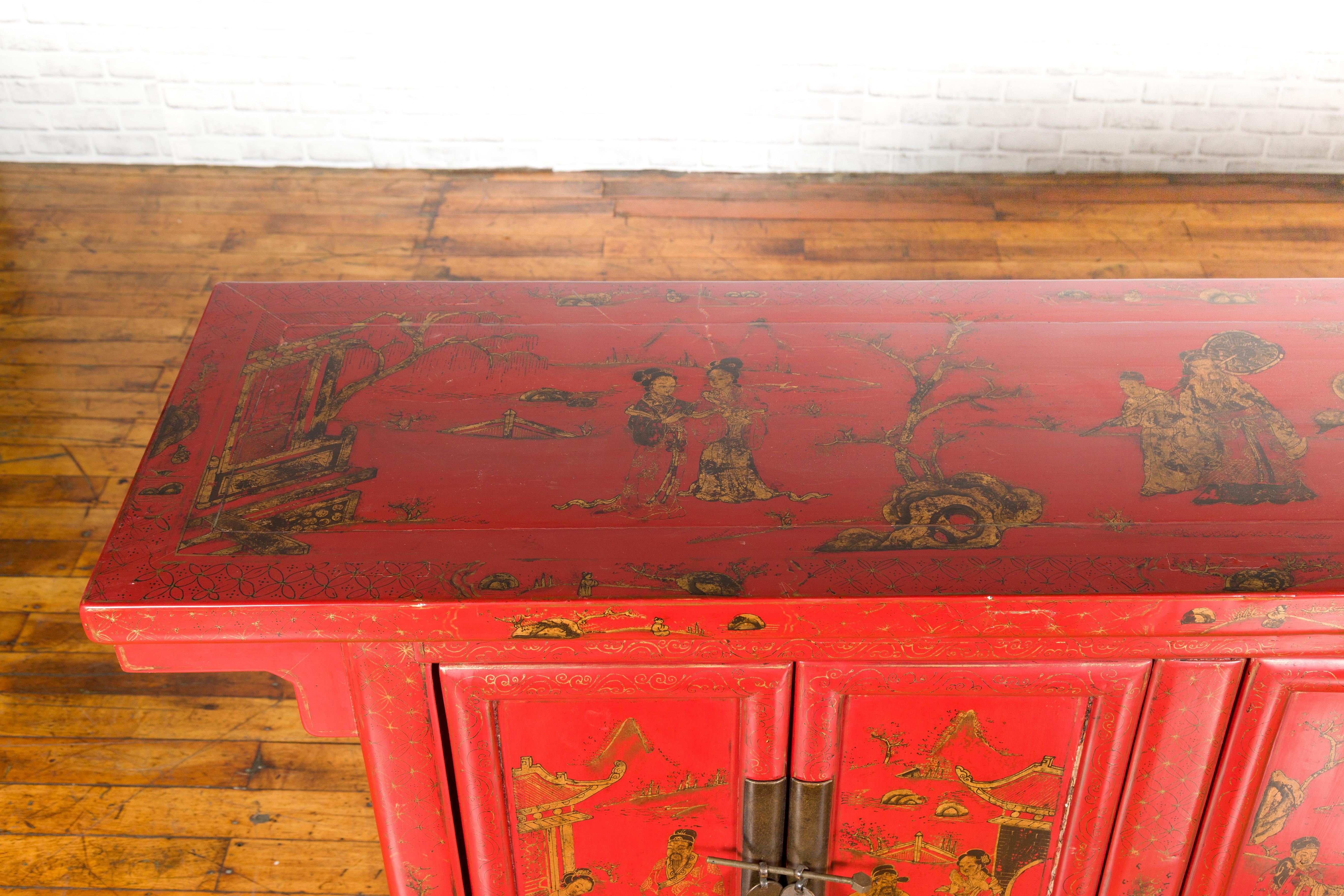 Large Chinese Shanxi Red Lacquered Sideboard with Gilded Chinoiseries Motifs 5