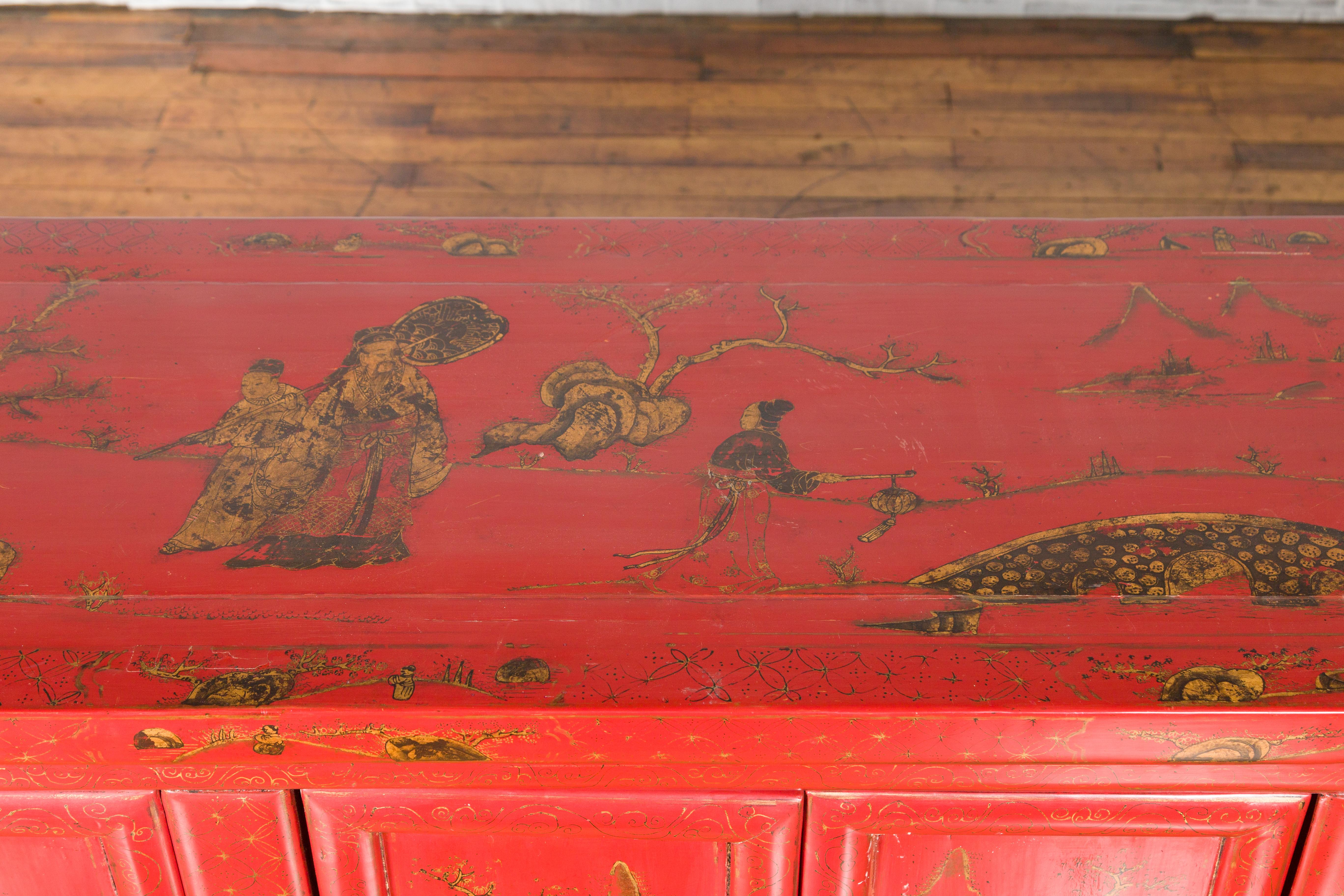 Large Chinese Shanxi Red Lacquered Sideboard with Gilded Chinoiseries Motifs 6