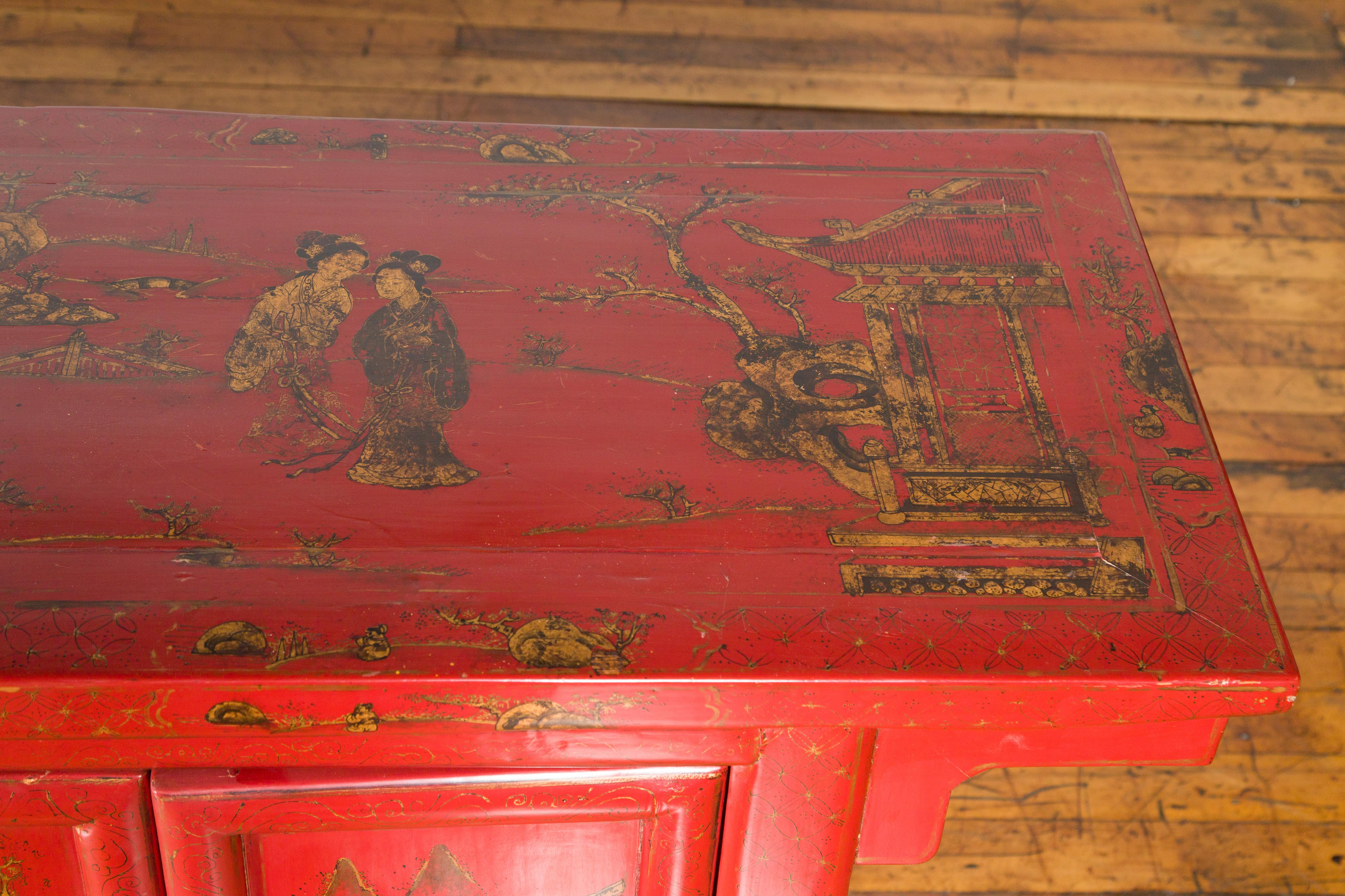 Large Chinese Shanxi Red Lacquered Sideboard with Gilded Chinoiseries Motifs 7