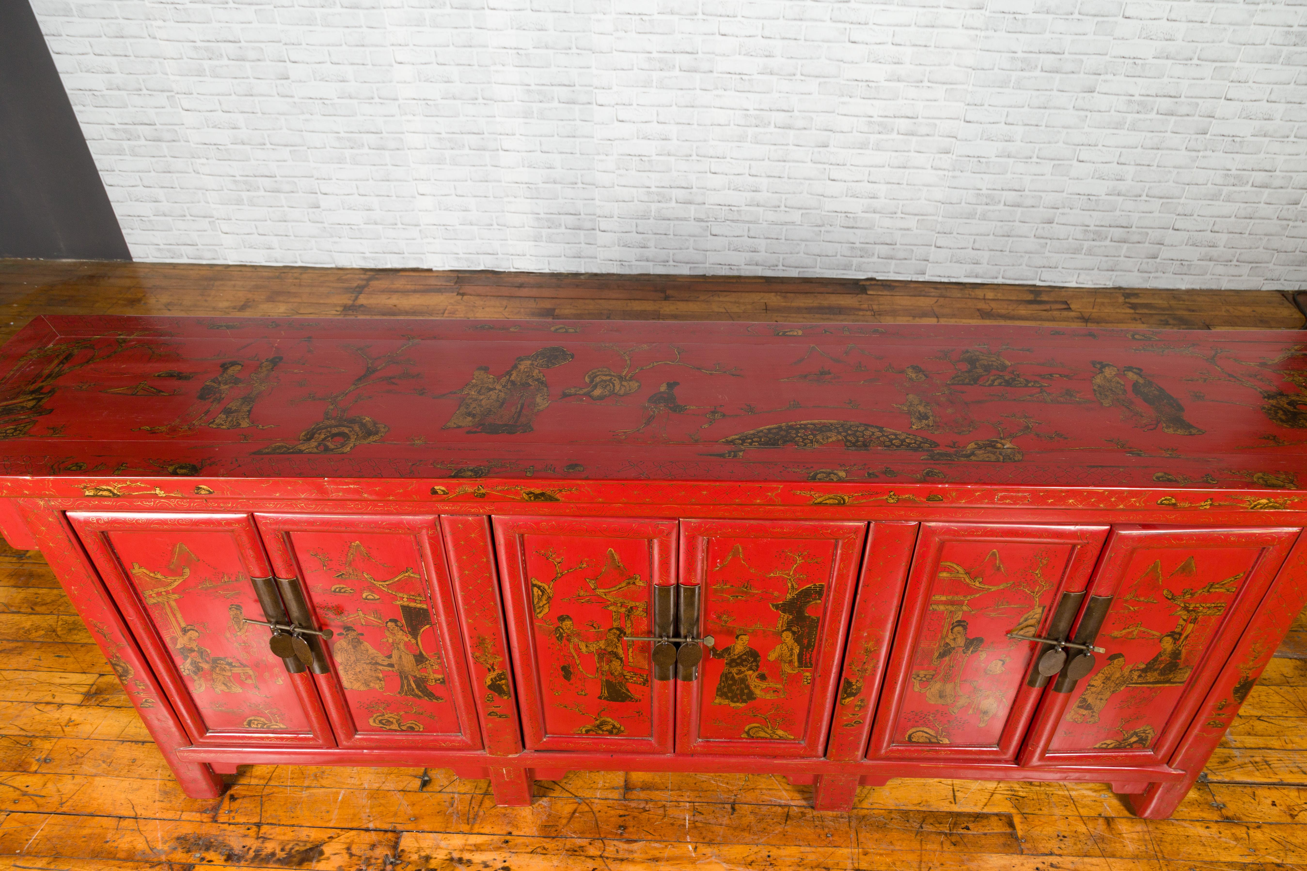 Large Chinese Shanxi Red Lacquered Sideboard with Gilded Chinoiseries Motifs 8