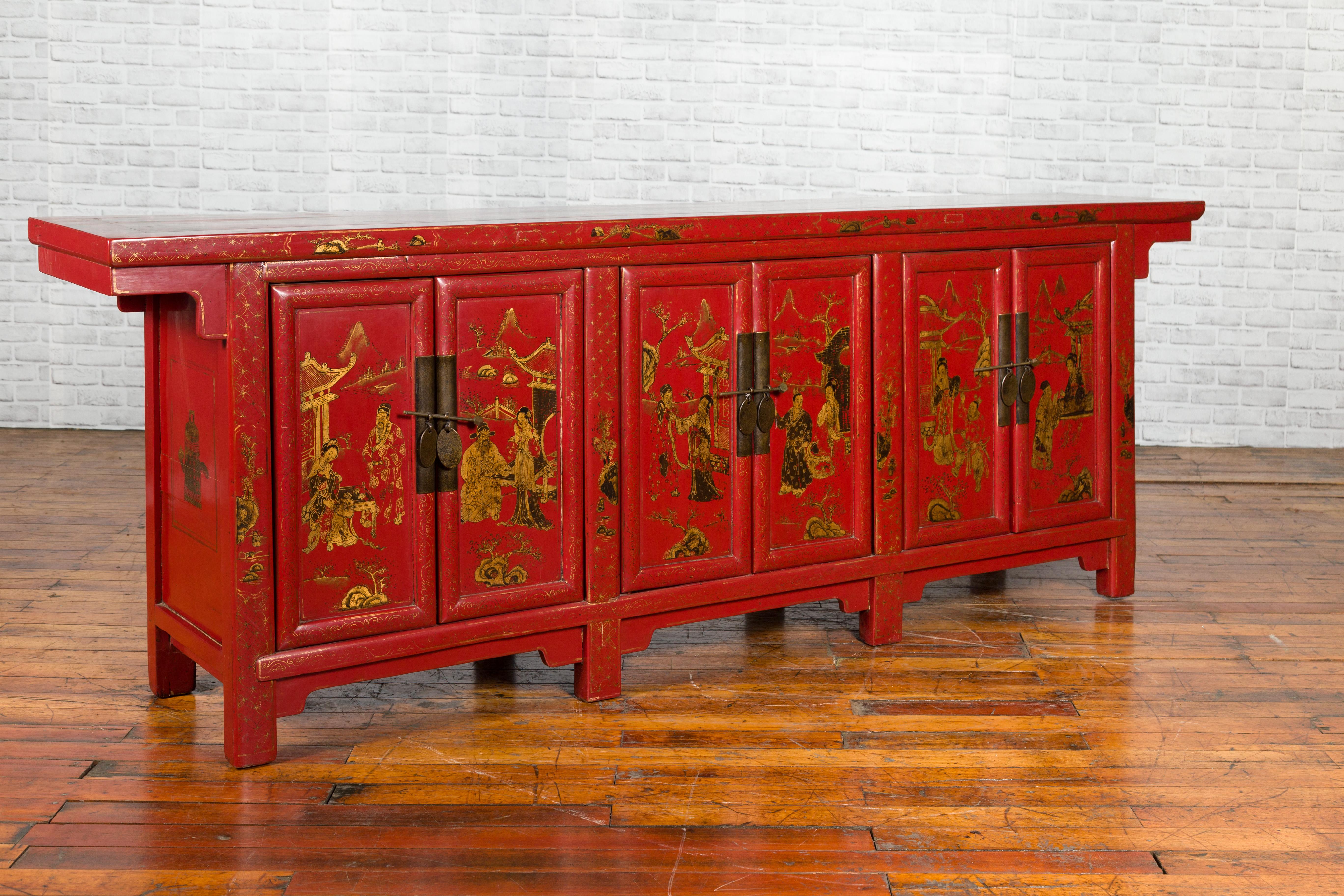 Large Chinese Shanxi Red Lacquered Sideboard with Gilded Chinoiseries Motifs 9