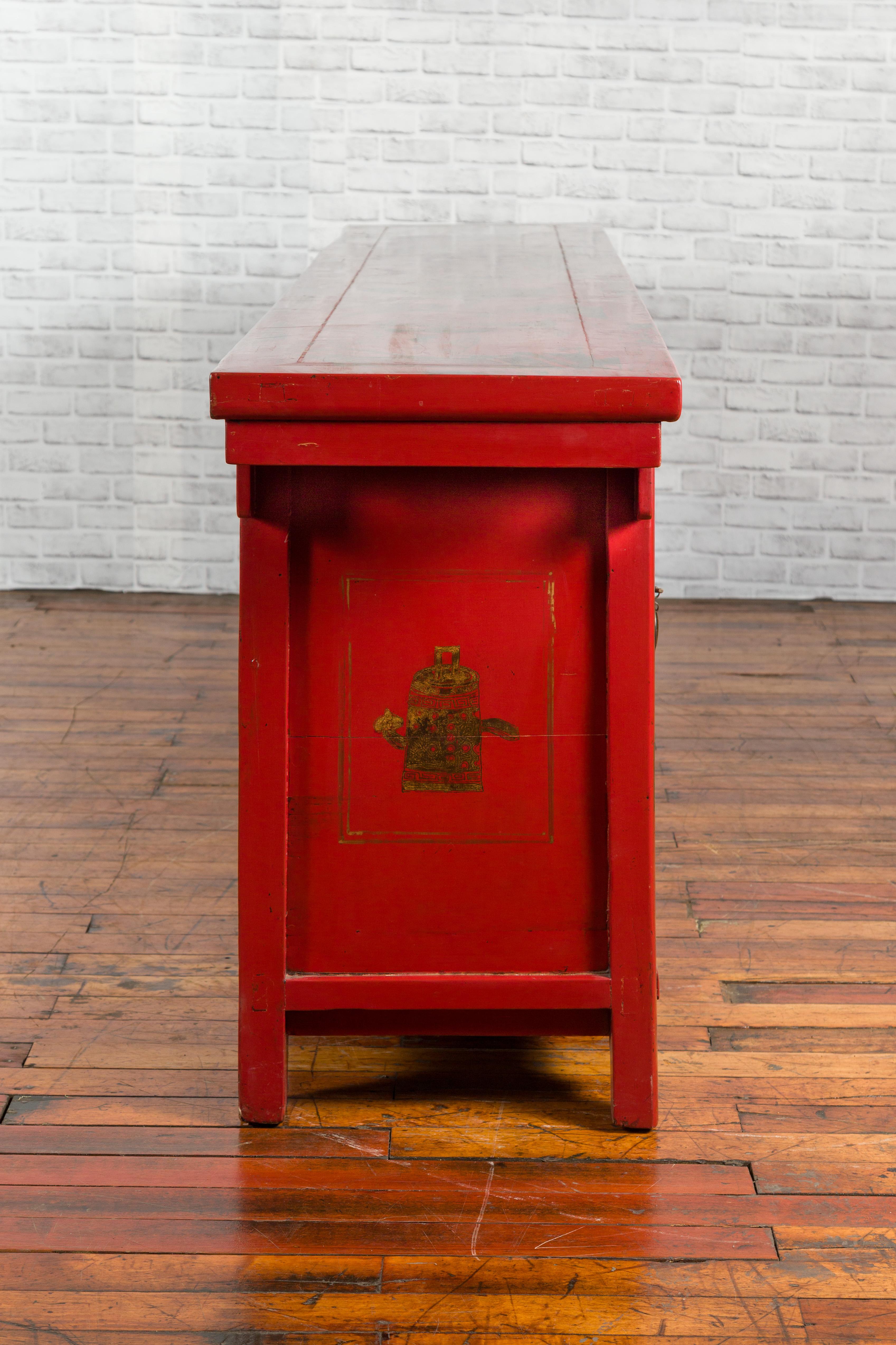 Large Chinese Shanxi Red Lacquered Sideboard with Gilded Chinoiseries Motifs 10