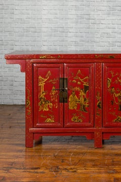 Large Chinese Shanxi Red Lacquered Sideboard with Gilded Chinoiseries Motifs
