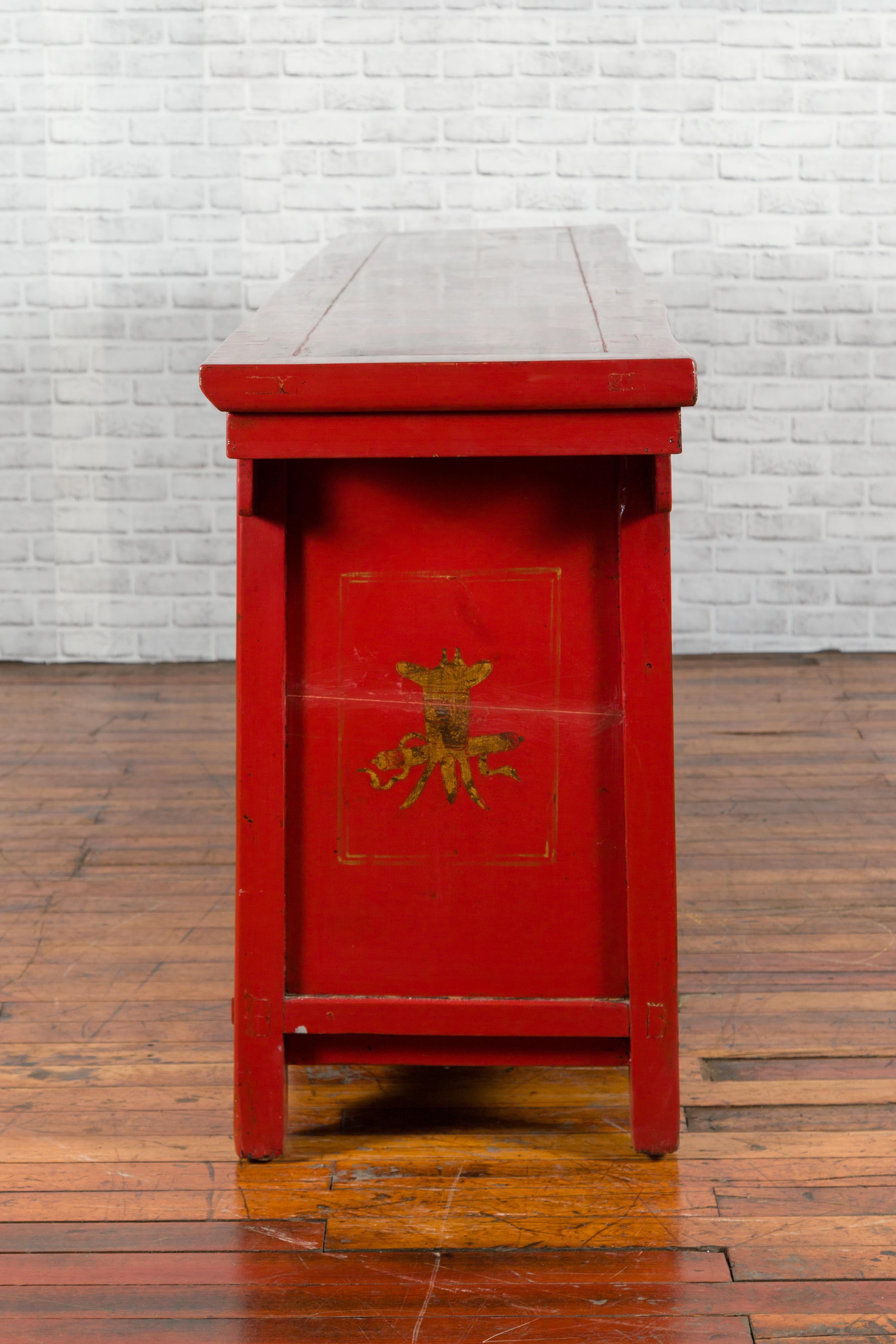Large Chinese Shanxi Red Lacquered Sideboard with Gilded Chinoiseries Motifs 12