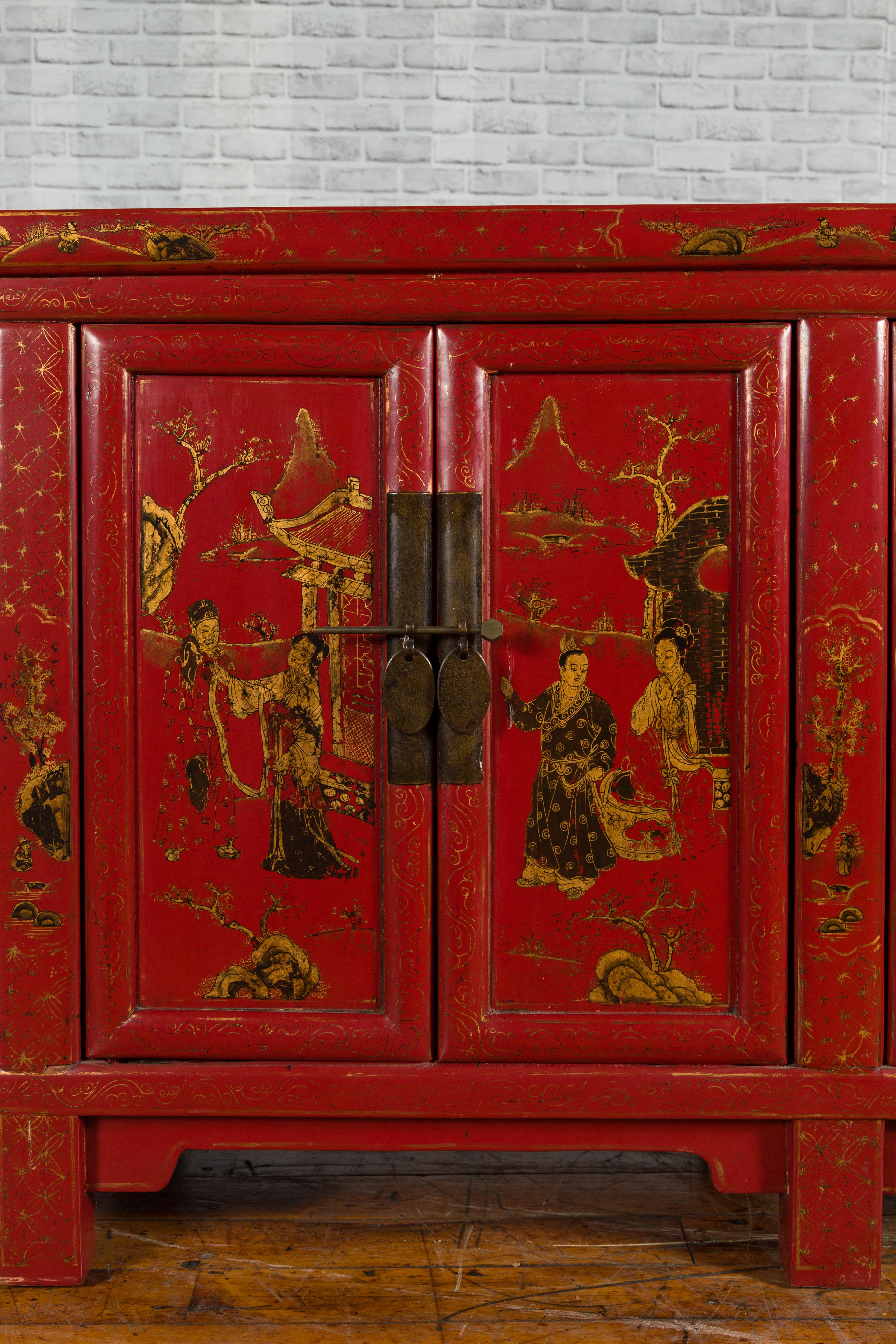 Gilt Large Chinese Shanxi Red Lacquered Sideboard with Gilded Chinoiseries Motifs