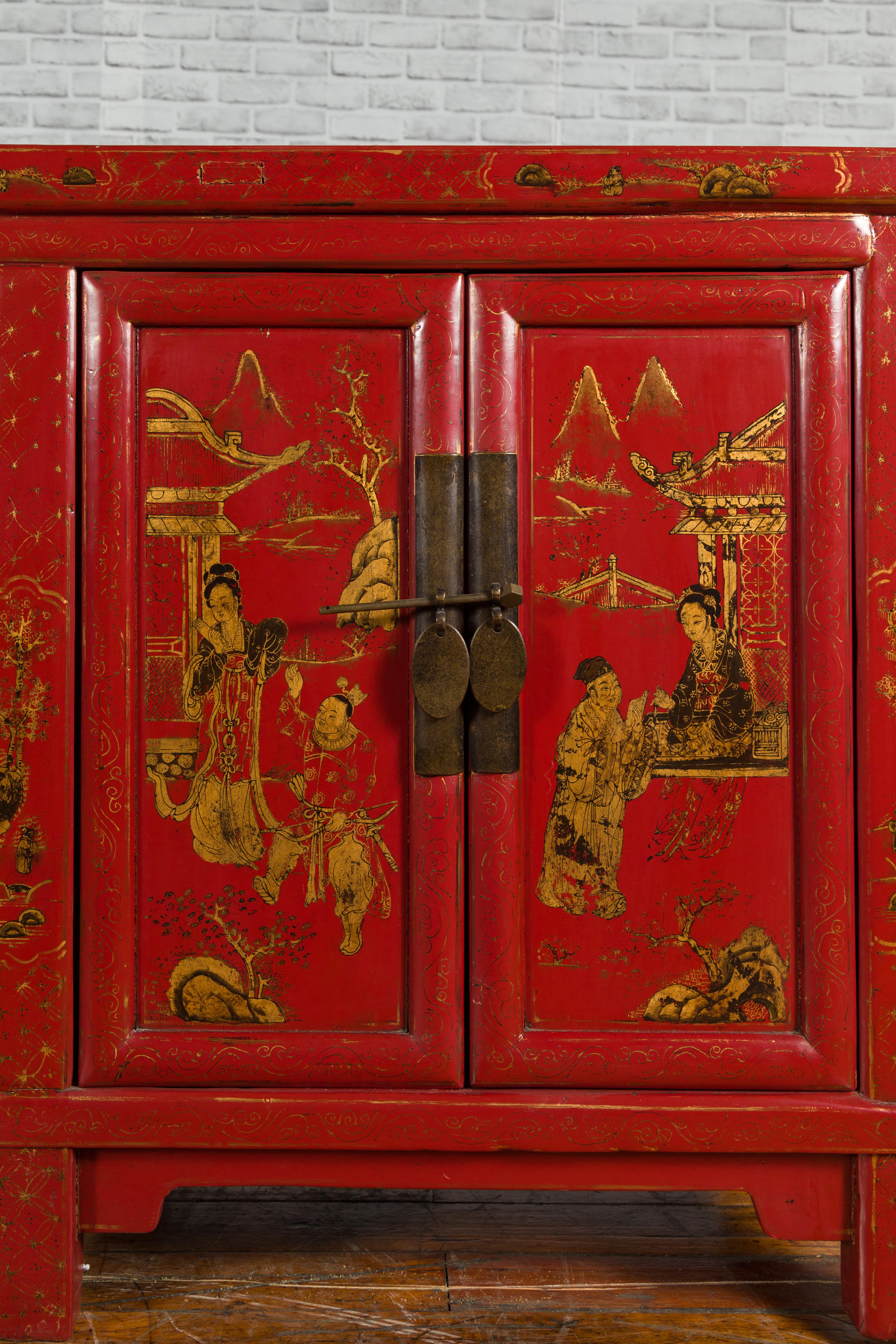 Large Chinese Shanxi Red Lacquered Sideboard with Gilded Chinoiseries Motifs In Good Condition In Yonkers, NY