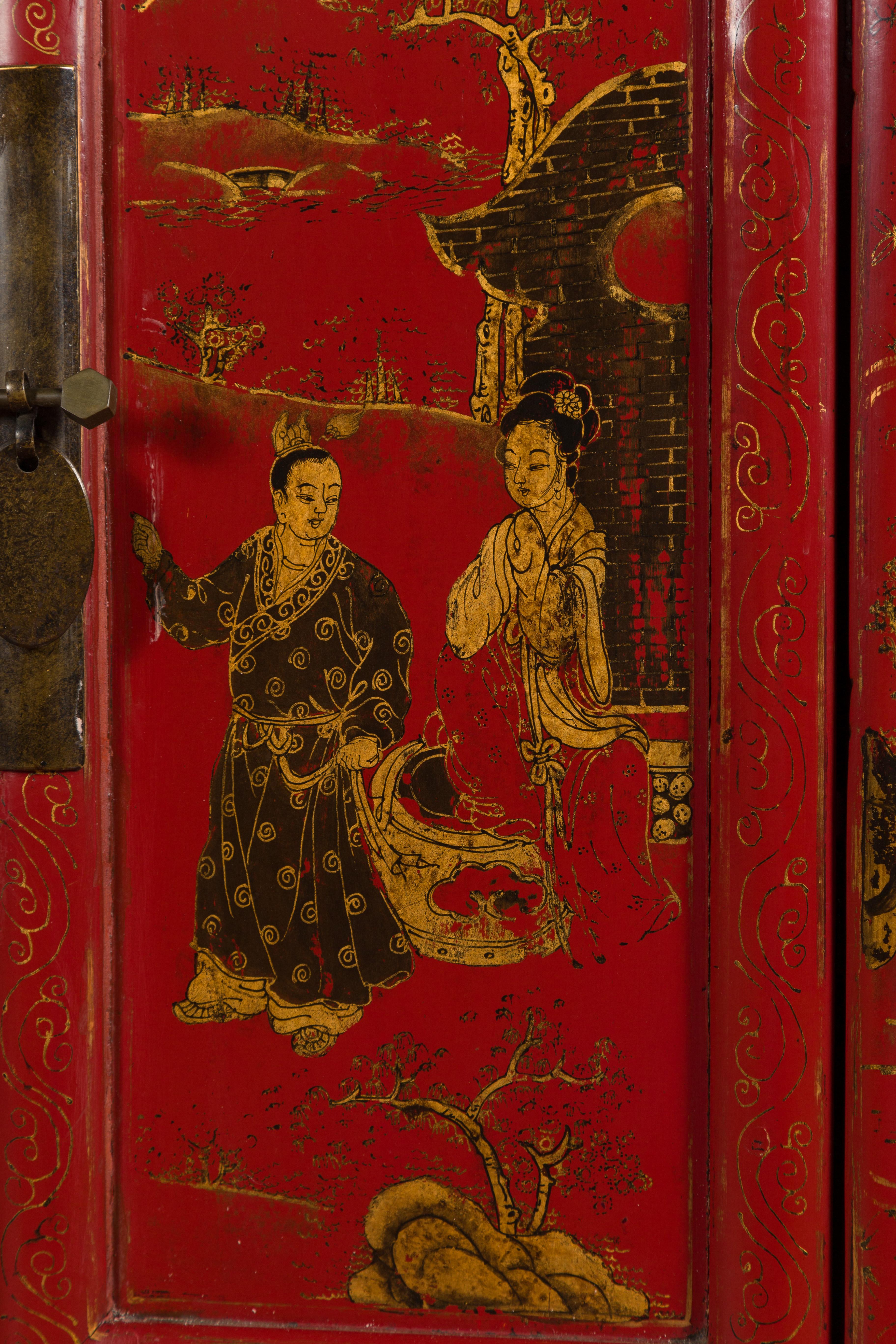 20th Century Large Chinese Shanxi Red Lacquered Sideboard with Gilded Chinoiseries Motifs