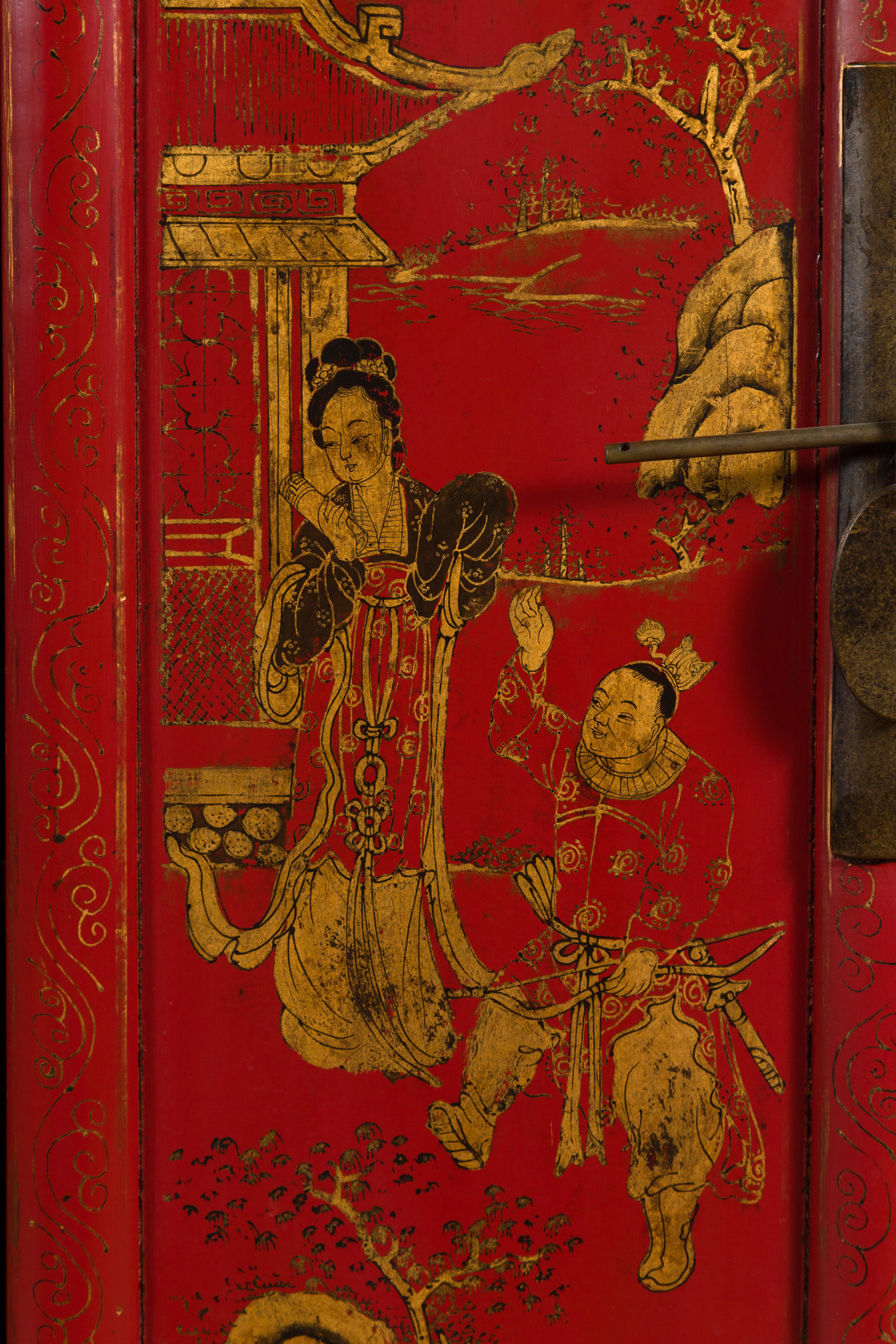 Wood Large Chinese Shanxi Red Lacquered Sideboard with Gilded Chinoiseries Motifs