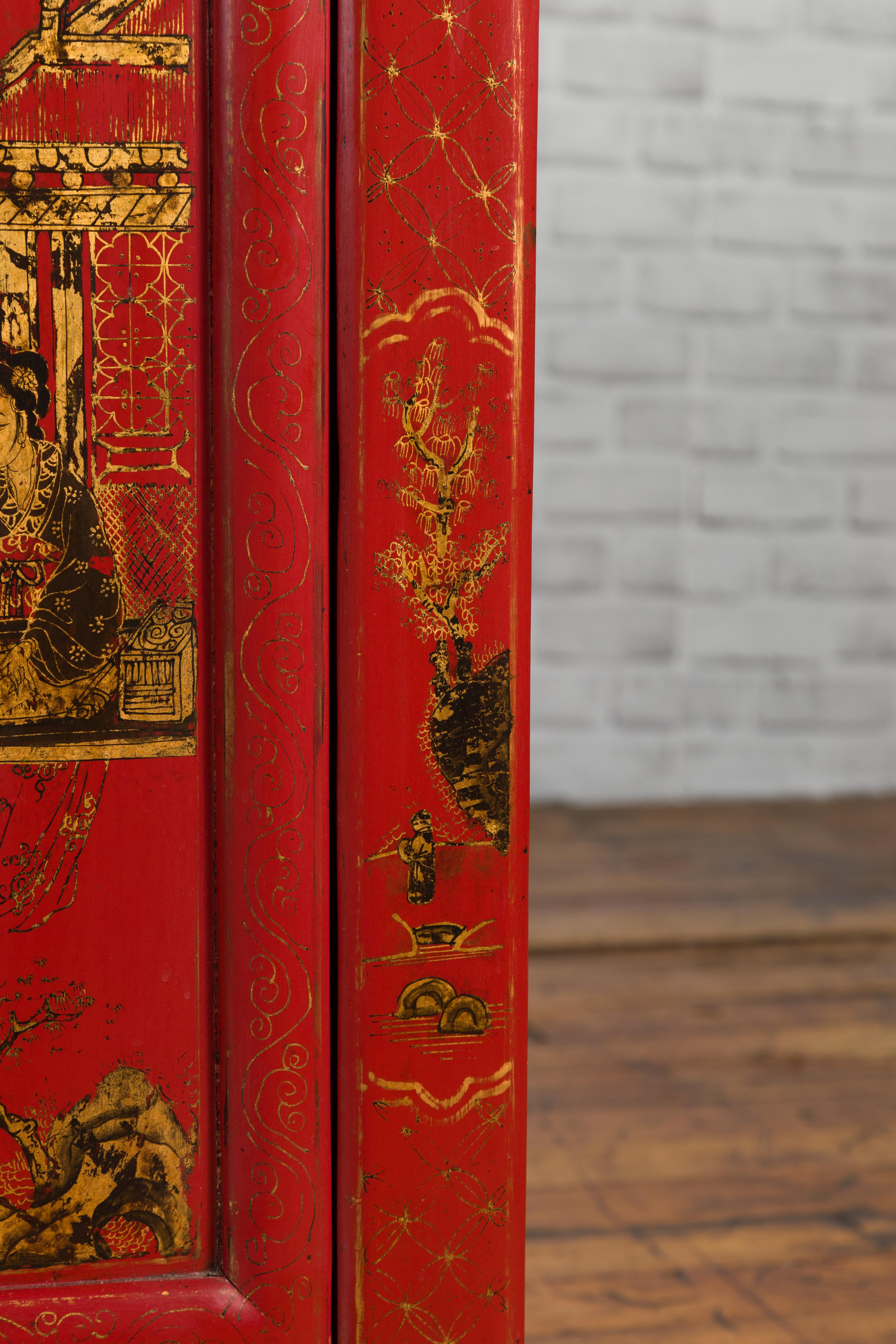 Large Chinese Shanxi Red Lacquered Sideboard with Gilded Chinoiseries Motifs 1