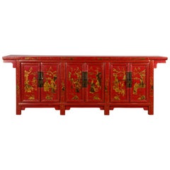 Large Chinese Shanxi Red Lacquered Sideboard with Gilded Chinoiseries Motifs