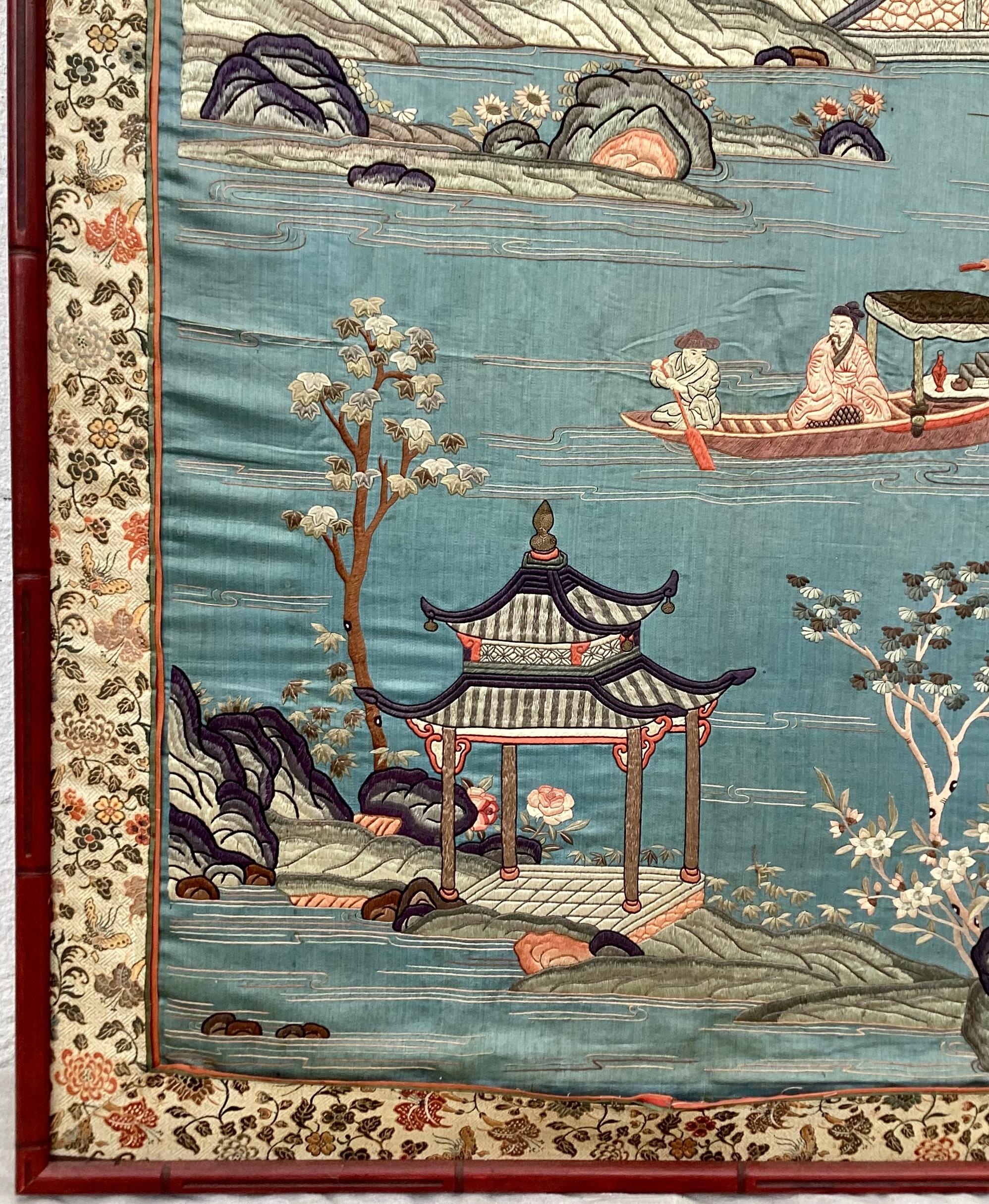 Embroidered Large Chinese Silk Embroidery, Framed For Sale